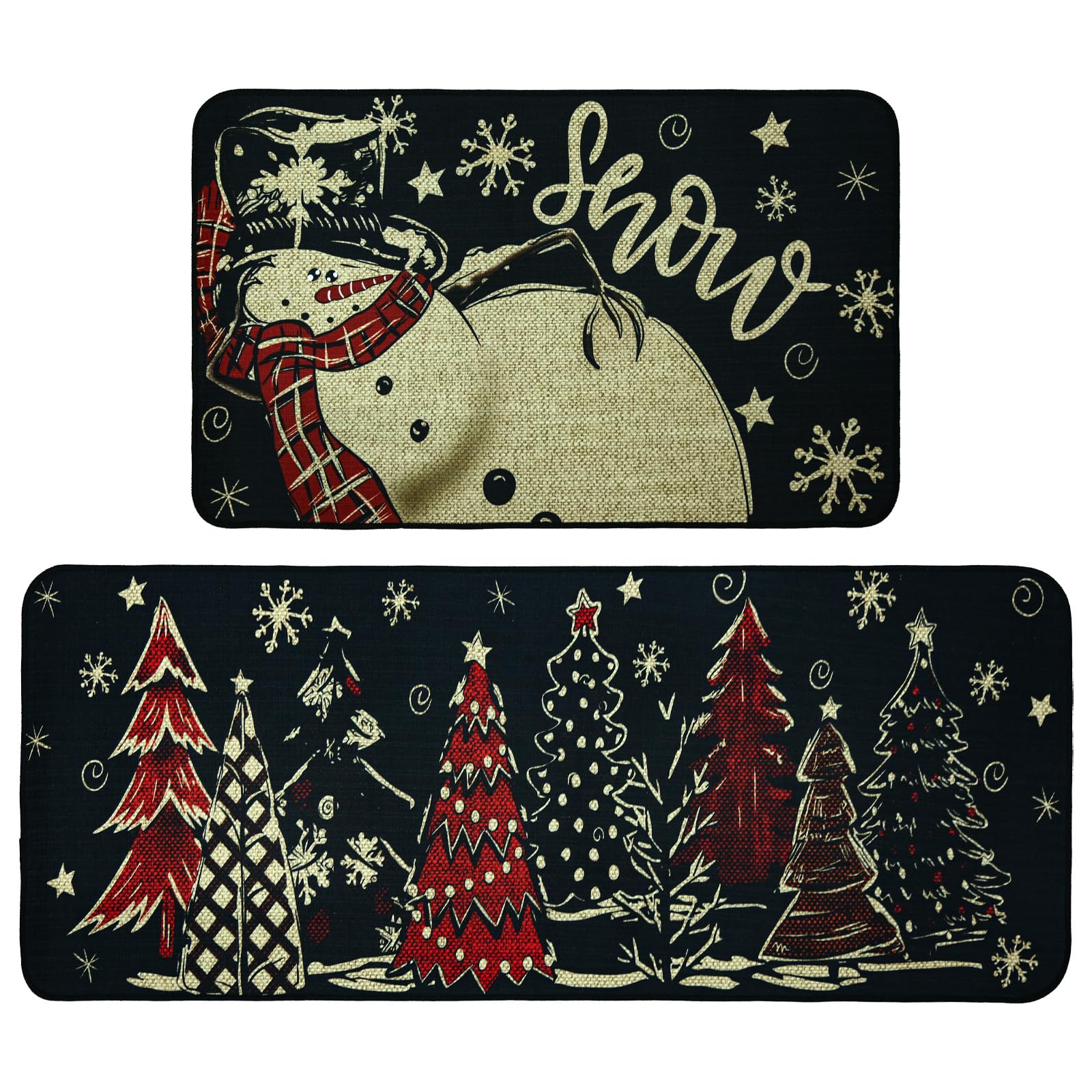SEGXFCL Christmas Kitchen Mats Set of 2,Decorative Snowman Tree Snowflake Black Christmas Kitchen Rugs Decorations for Bed Side Bathroom,Home,Indoor