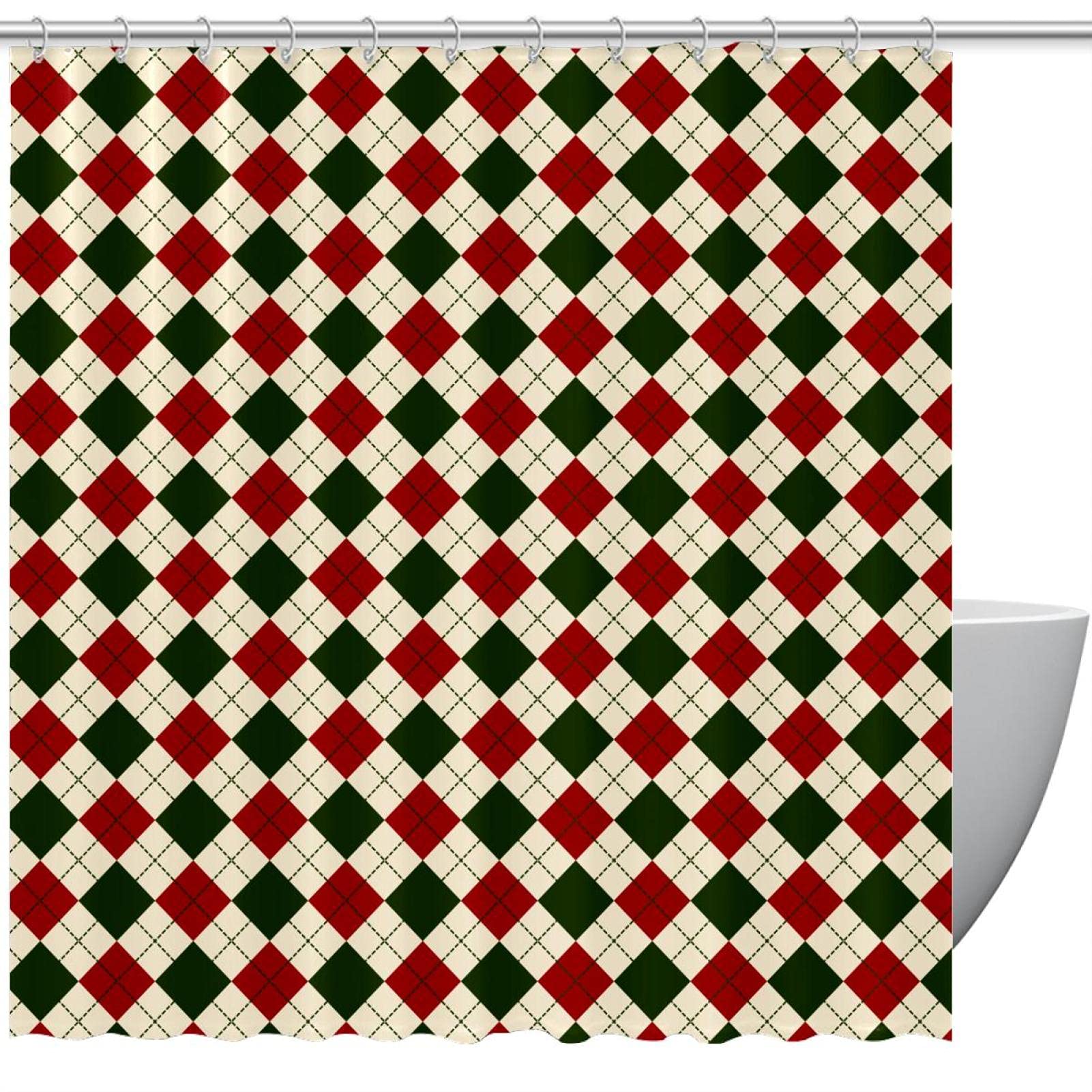 Rideau de douche de Noël 183 cm carreaux rouge vert salle de bain enfant crochets