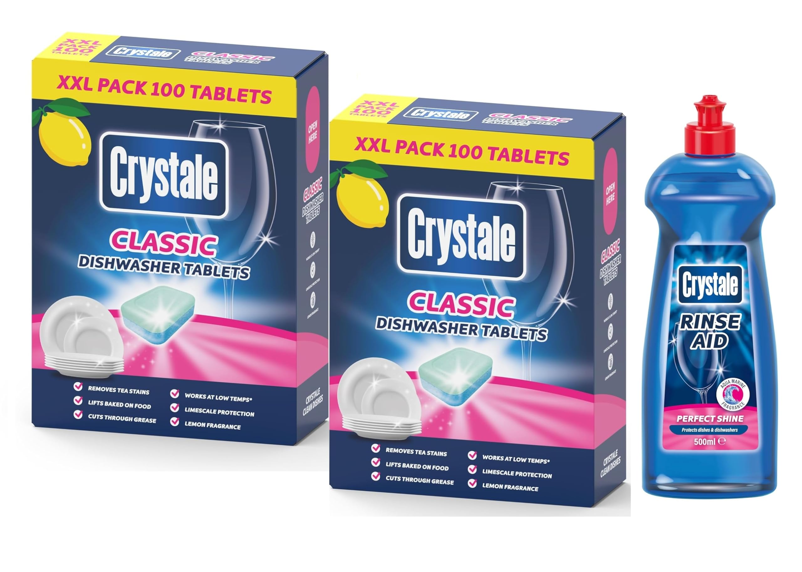 Crystale Dishwasher Tablets 100's Pack of 2 with Crystale Dishwasher Rinse Aid 500ml