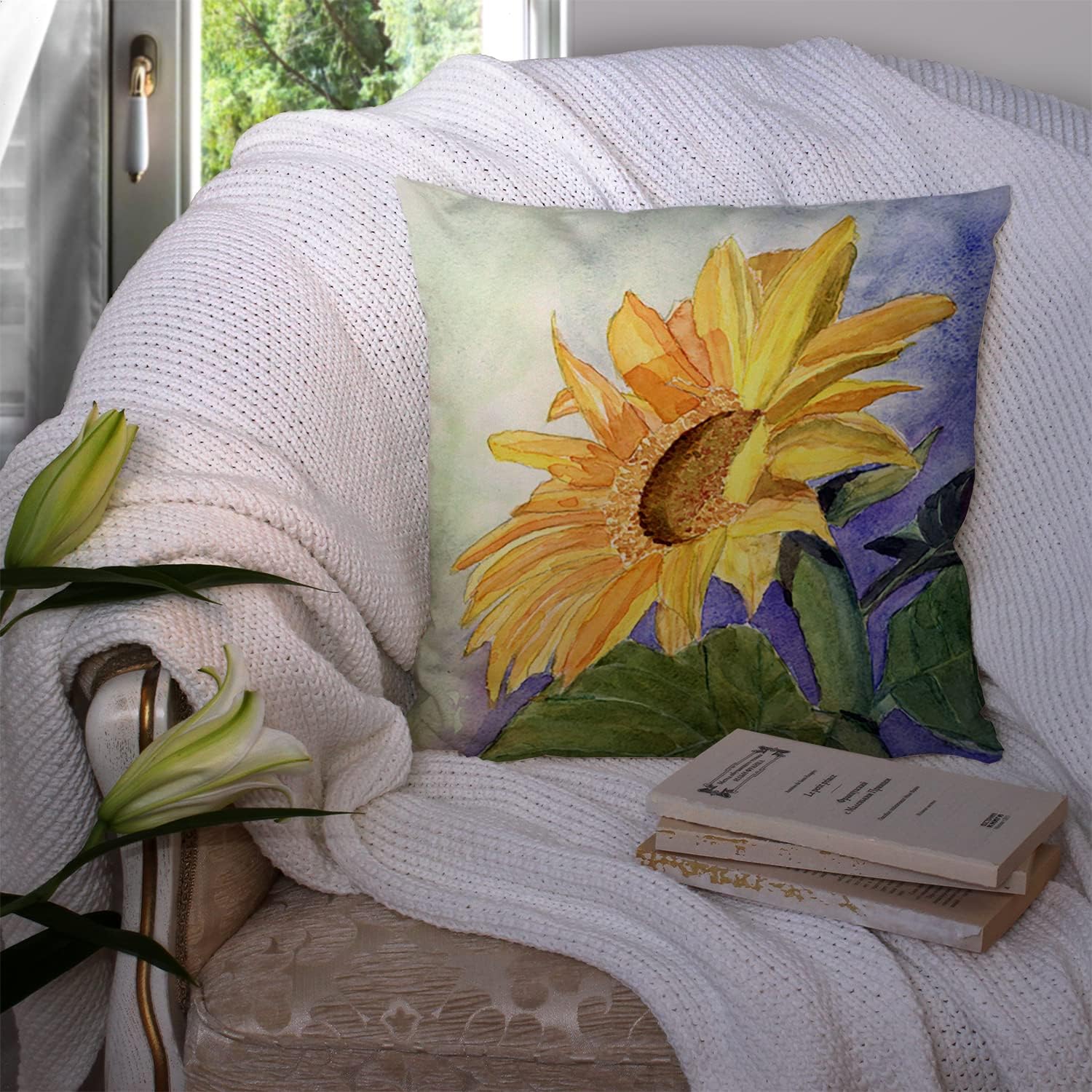 Caroline's Treasures RDR2001PW1414 Flower - Sunflower Fabric Decorative Pillow Machine Washable, Indoor Outdoor Decorative Pillow for Couch, Bed or Patio, 14Hx14W