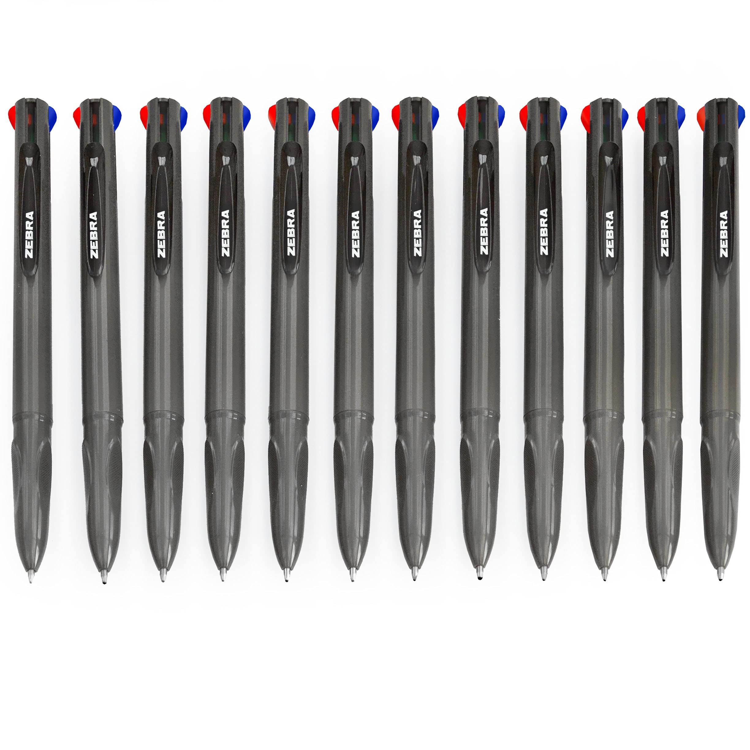 Zebra Z-Grip Elegance 4-in-1 Druckkugelschreiber, 1,0 mm, grauer Schaft, Schwarz, Blau, Rot, Grün, 12 Stück
