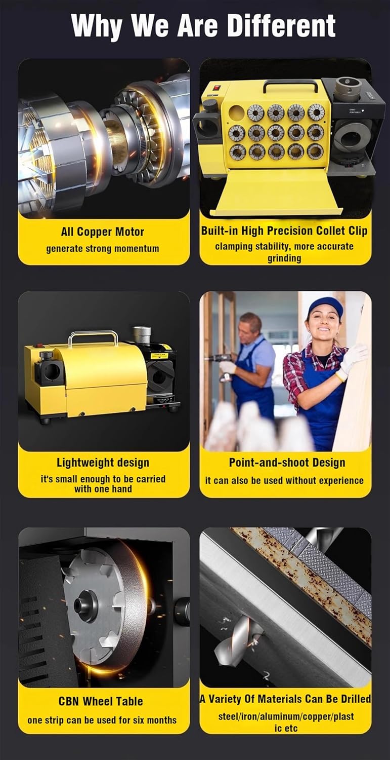 Drill Bit Sharpener Lightweight Drill Sharpening Machine Portable Grinder Sharpener Diamond Grinding Wheel 26A 90°-135° ф13-26 110V 250W 13-26mm Twist Drill Steel Iron Aluminum Copper Plastic