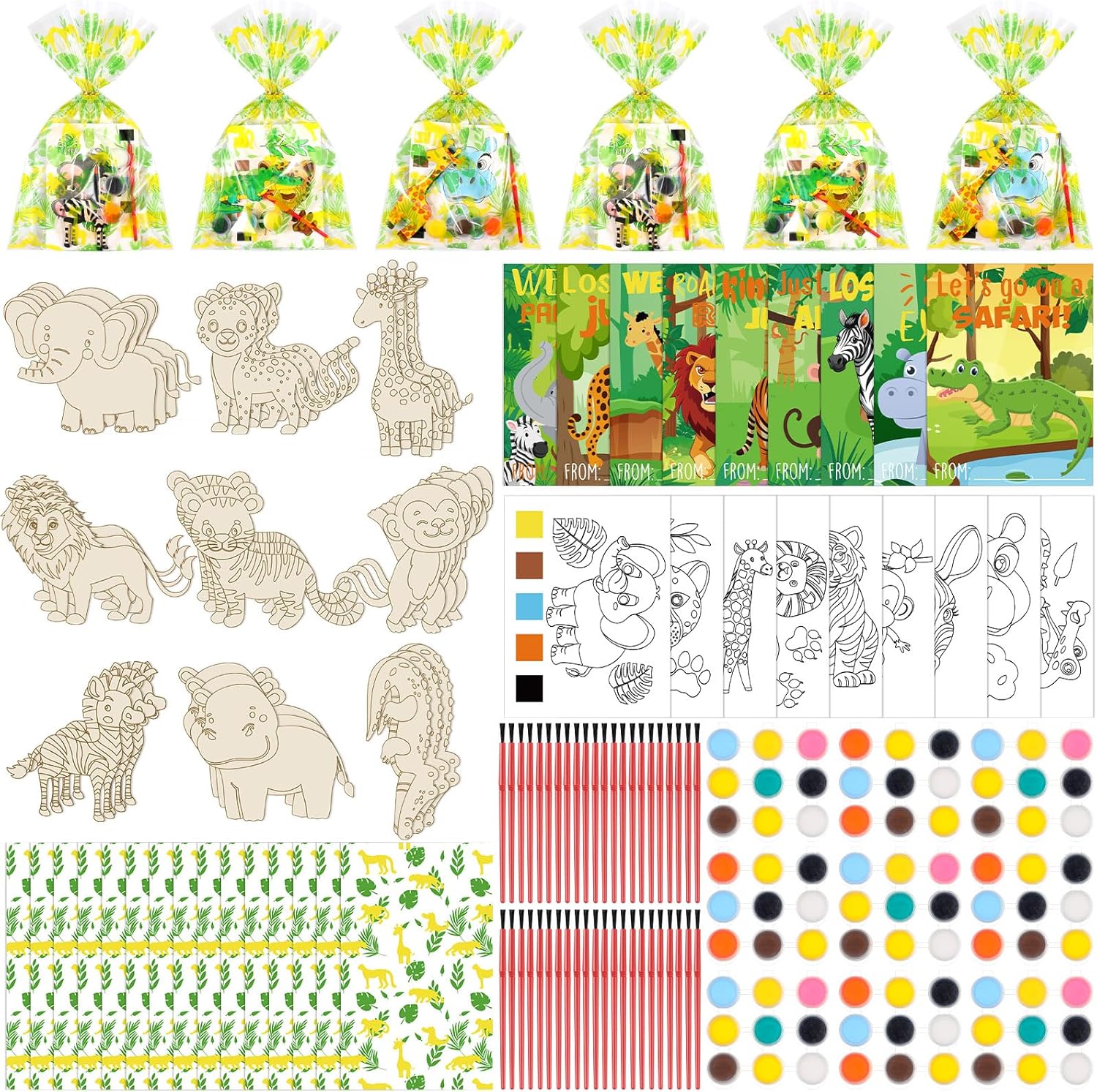 Pasimy 162 Pcs Dinosaur Party Favors Craft Kits Jurassic Party Supplies Dino Birthday Painting Kit Watercolor Card Wooden Cutouts Dinosaur Goodie Bag for Tropical Jungle DIY Project Activities(Dino)