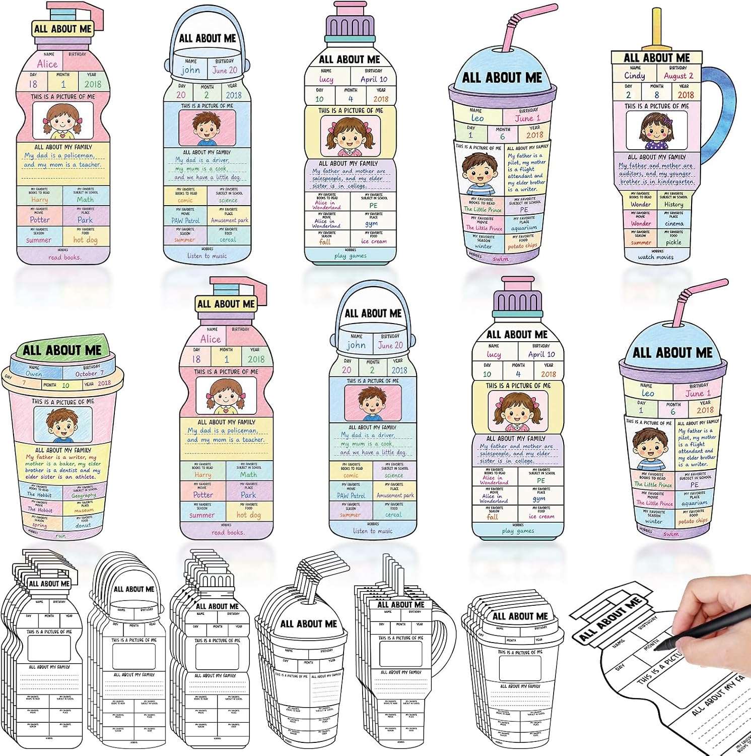 30 Pcs Water Bottle All About Myself Posters Self-Introduction Paper Poster to Fill in for Elementary School Classroom Decor Back to School Water Bottle All About Myself Decor for Teacher Supplies