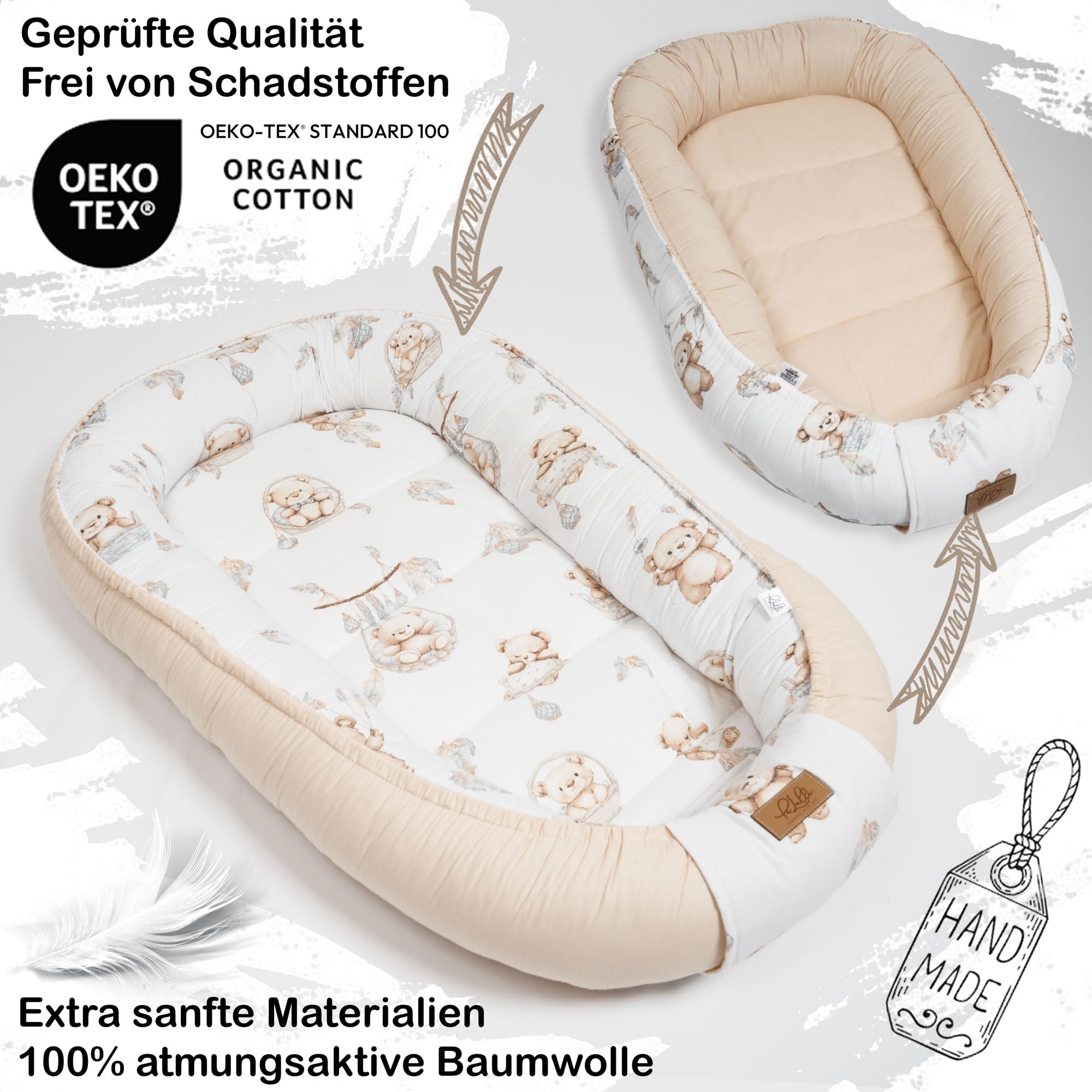 PaLulli® Nido de bebé extra grande 100x60 cm de algodón | Nido de osos suave de dos lados para bebés | Hecho a mano, transpirable y seguro (Oso Beige)