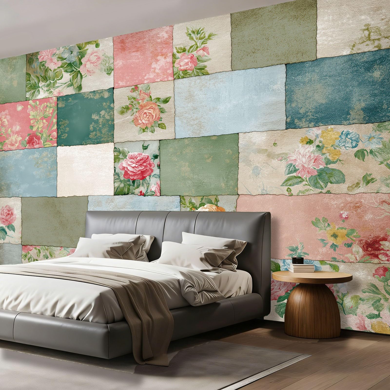 Tapeta fototapeta retro, wiejski wzór kwiatowy, patchwork, tapeta ścienna, salon, sypialnia, biuro, korytarz, kolorowa tapeta na fizelinie, tapeta ścienna, dekoracja ścienna, 350 x 256 cm