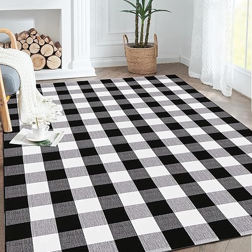 Buffalo Plaid Rug Black and White Check Rugs Extra Large 5' x 7' Machine Washable Carpet Retro Lattice Checkered Outdoor Rug for Living Room Dining Room Bedroom Farmhouse(Plaid, 5' x 7')