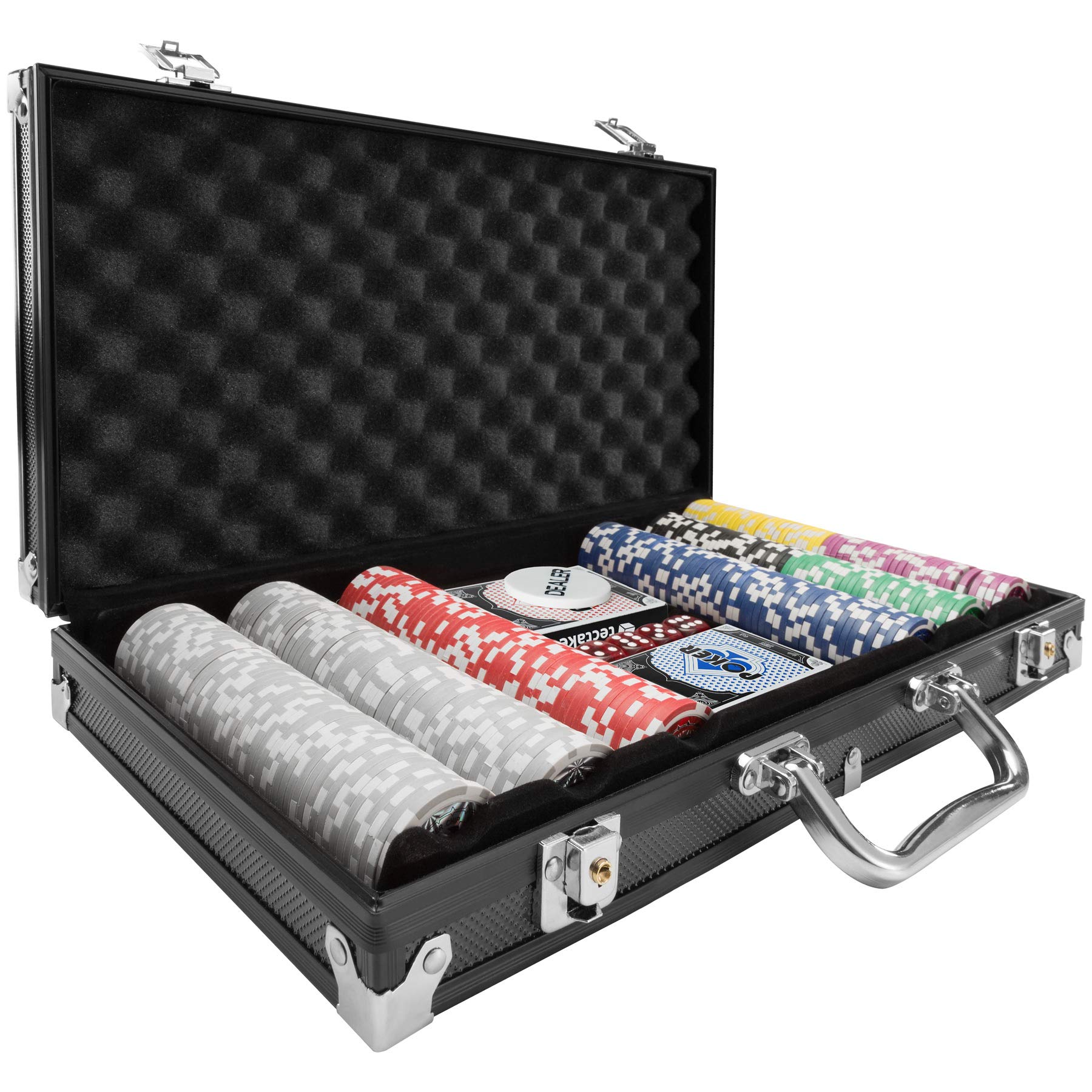 tectake® Set da Poker per Giochi con Chips Poker Professionali in Valigetta in Alluminio, 2 Mazzi di Carte da Gioco, Dadi, Fiches Grigie, Rosse, Blu, Verdi, Nere, Viola - 300 Pezzi - Nero