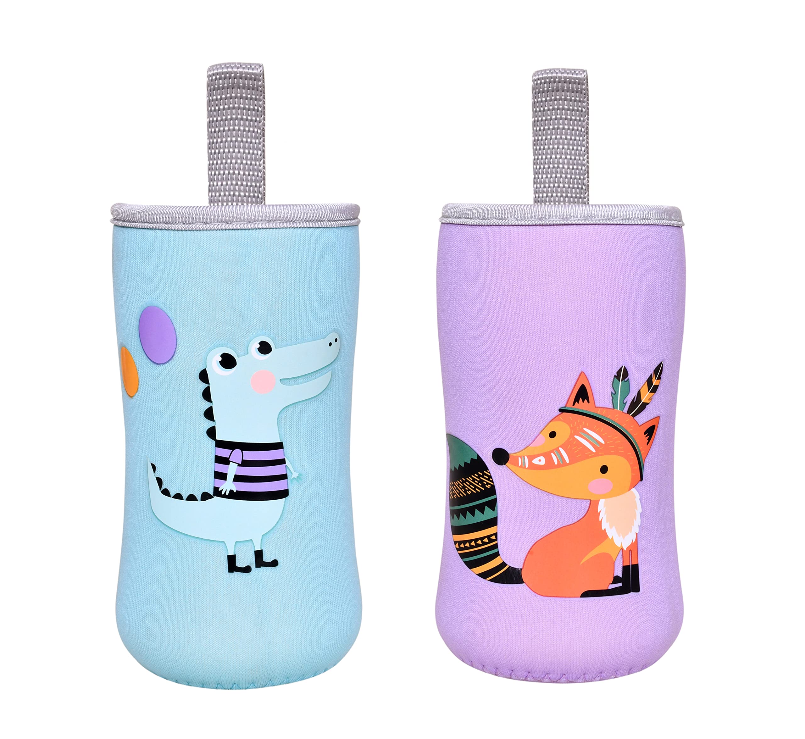 THE LITTLE LOOKERS Cute Animated Patterned Soft Stretchable Baby Feeding Bottle Cover with Easy to Hold Strap for 120ml, 150ml, 240ml (Fox & Dinosaur, Pack of 2)