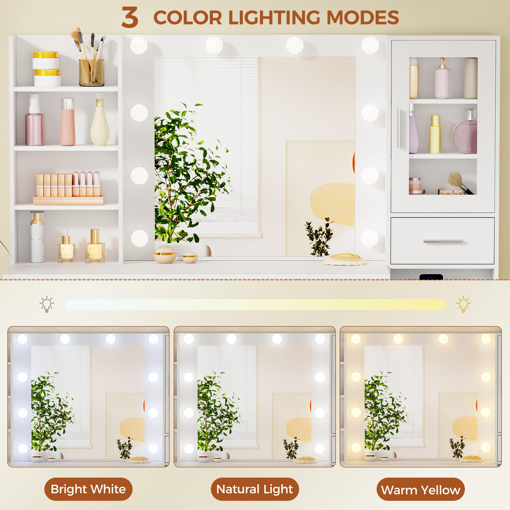 ANWBROAD Grande Tocador con luz LED, Brillo Regulable,Tocador de Maquillaje con Espejo y Enchufes, Mesa de Maquillaje con 15 cajones y 7 Estantes Abiertos para Dormitorio,Blanco Moderno BDT37W
