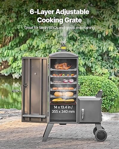 Miniatura 3 de VEVOR Ahumador de carbón compensado, ahumador de acero resistente con caja de combustión lateral, ahumadores móviles para barbacoa al aire libre con