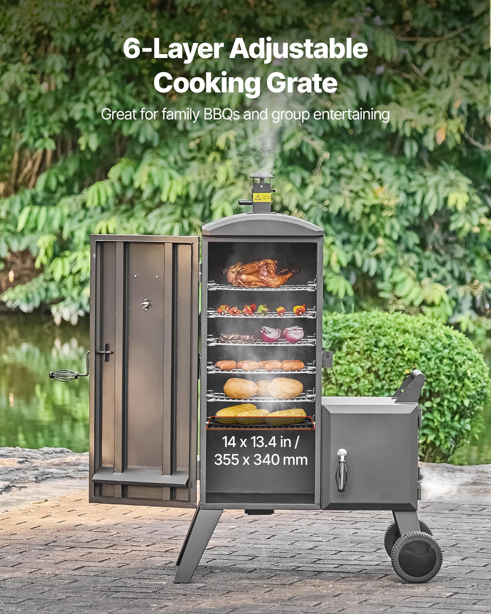 VEVOR Affumicatore Offset a Carbone per Barbecue in Acciaio Resistente con Focolare Laterale, con 6 Griglie Regolabili, Termometro e Prese d'Aria per Cucinare in Giardino o in Terrazza