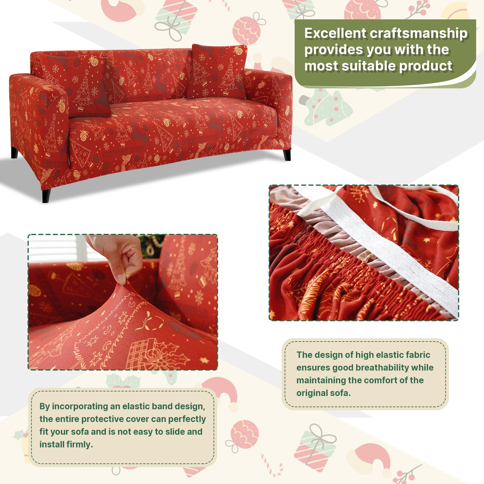 Lydevo Copridivano Elasticizzato Natale 3 Posti Fodere Copri Divano con Braccioli con 2 Copricuscini Moderno Copridivano Fantasia Universale Lavabile Divano Protector,Natale Oro Rosso