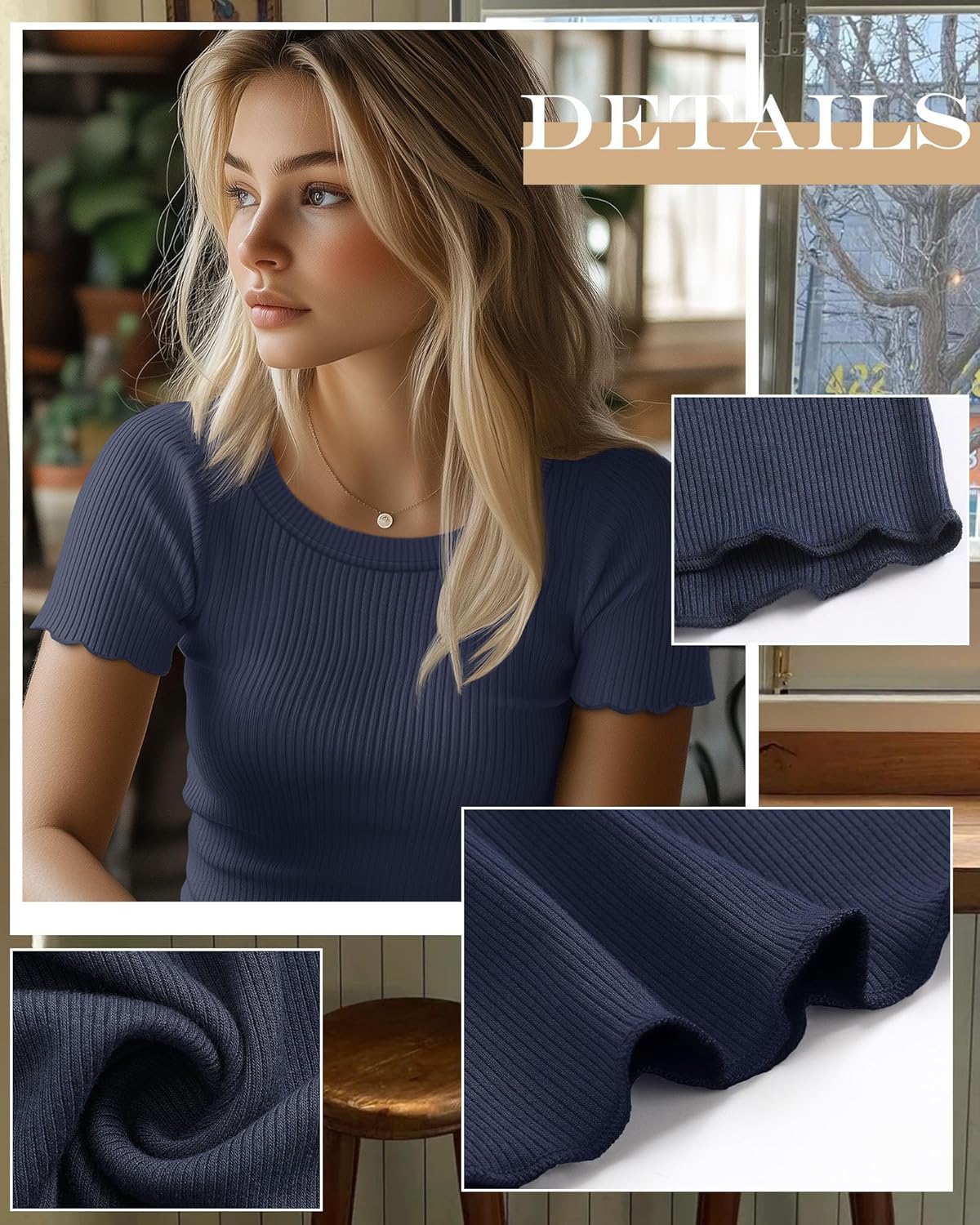 Huukeay 3 Pack Women's Ribbed Knit Crop Tops Lettuce Trim Round Neck Short Sleeve Shirts Summer Slim Fitted Casual Basic Tees - Image 2