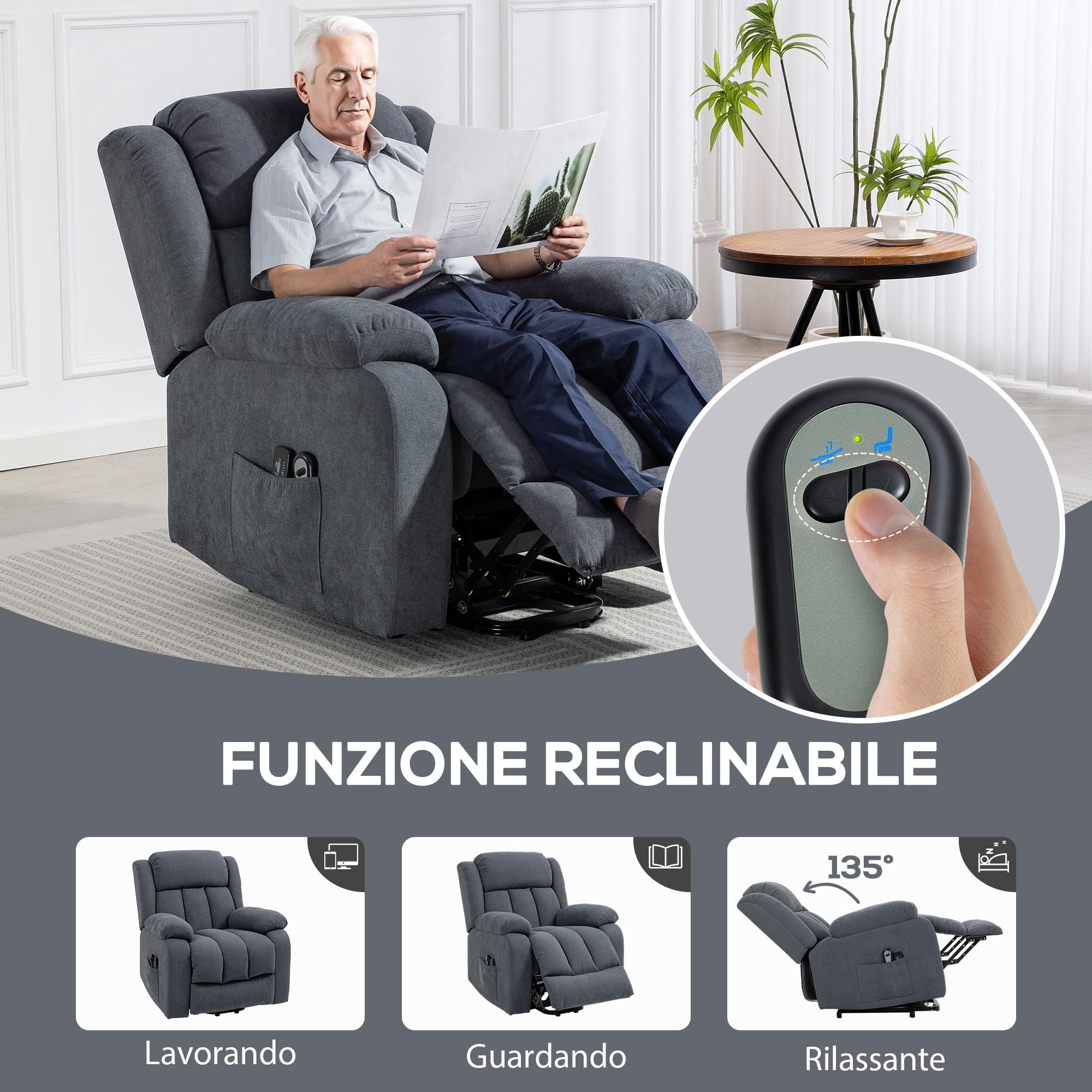 HOMCOM Poltrona Elettrica Alzapersona Reclinabile 135°, Poltrona Relax Massaggiante 8 Punti in Tessuto Effetto Lino Traspirante per Anziani con Telecomando, Poggiapiedi, Tasca Laterale, Grigio Scuro
