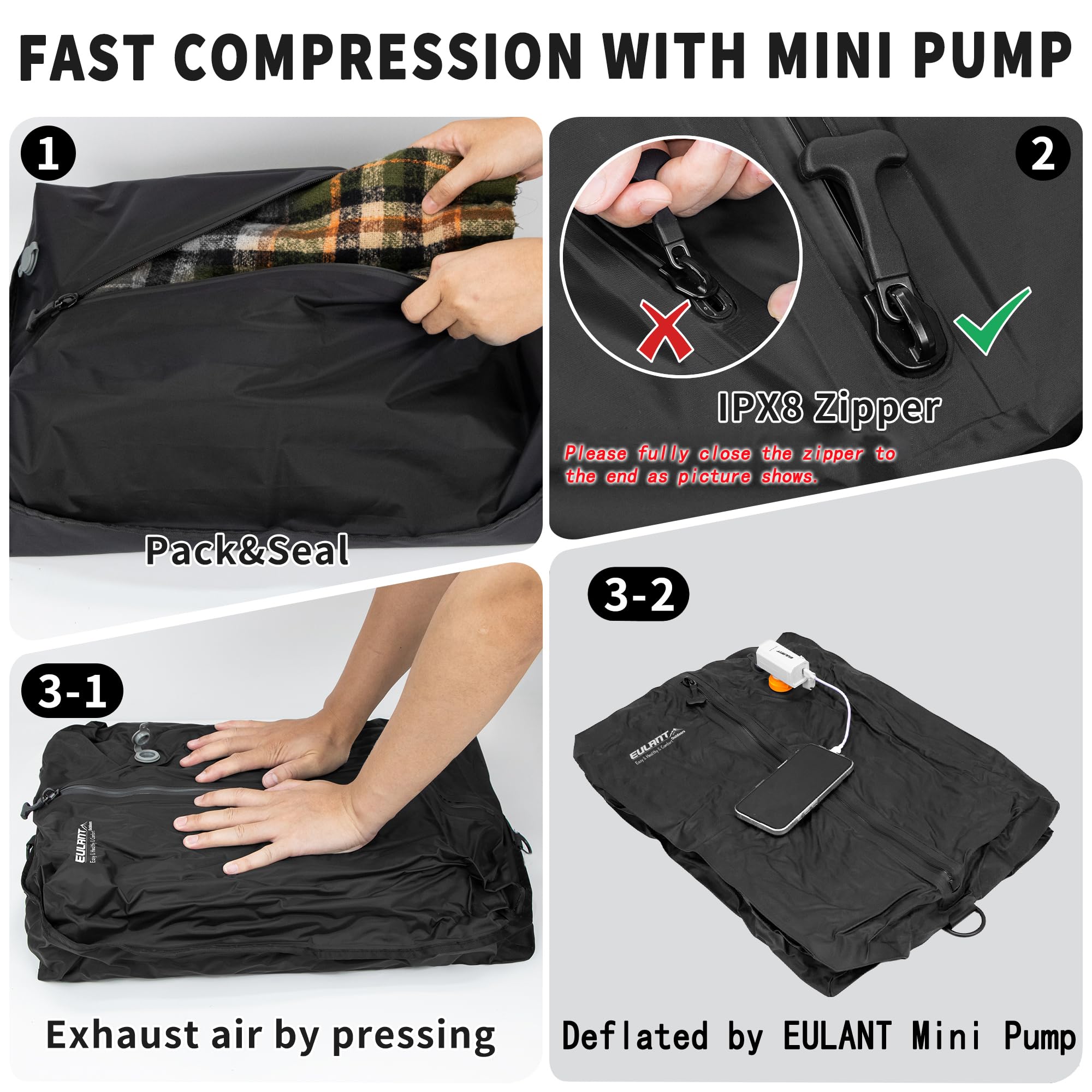 EULANT TPU-Reise-Vakuumbeutel mit Pumpe, wiederverwendbares Reisepack-Vakuum-Set mit IPX8-Reißverschluss, wasserdicht, platzsparende Tasche für Koffer/Rucksack, 3 x TPU-Kompressions-Verpackungswürfel
