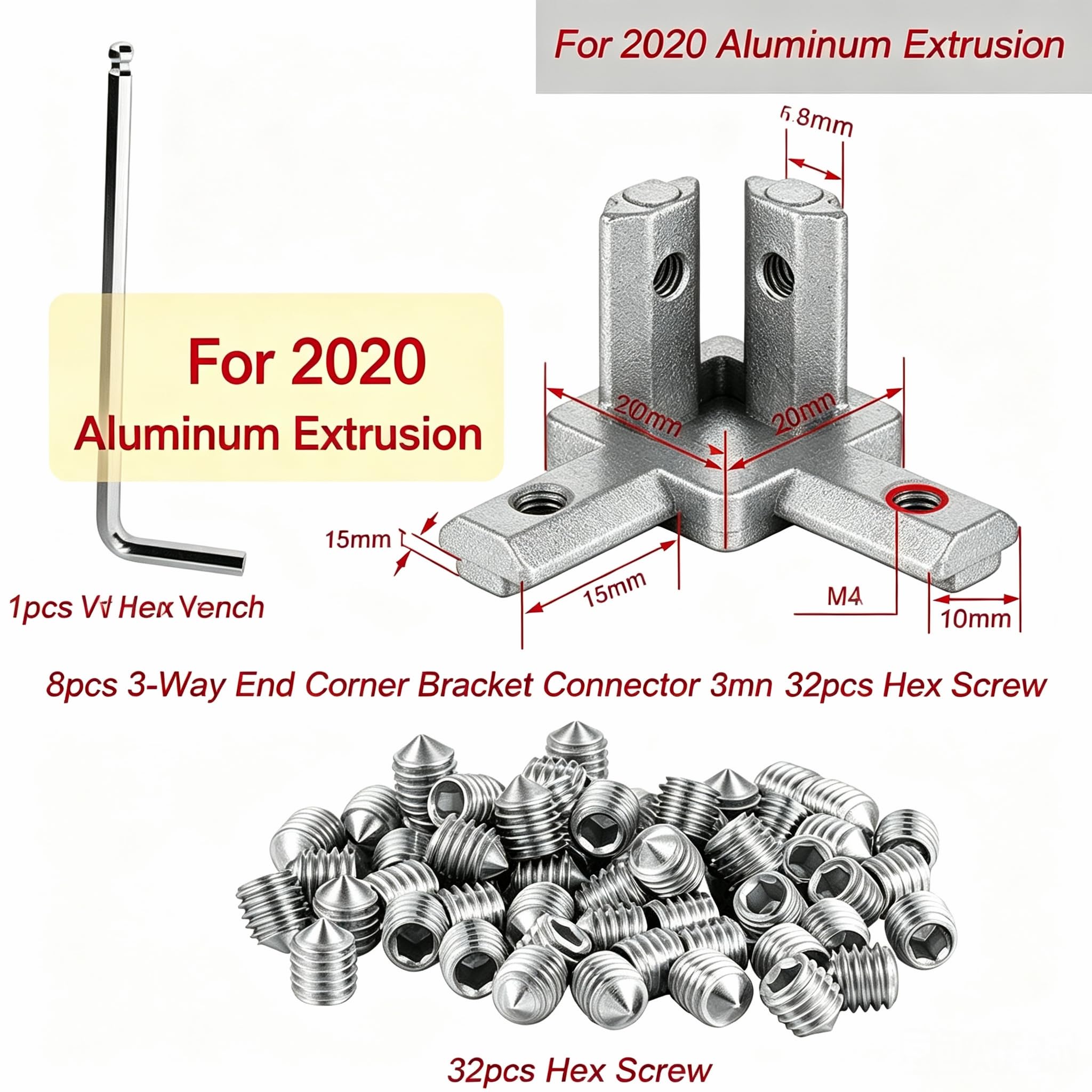 8 zestawów 3-drożny wspornik narożny solidne złącza do serii 2020, gniazdo 6 mm, akcesoria do profili aluminiowych (srebrny, do serii B 2020)