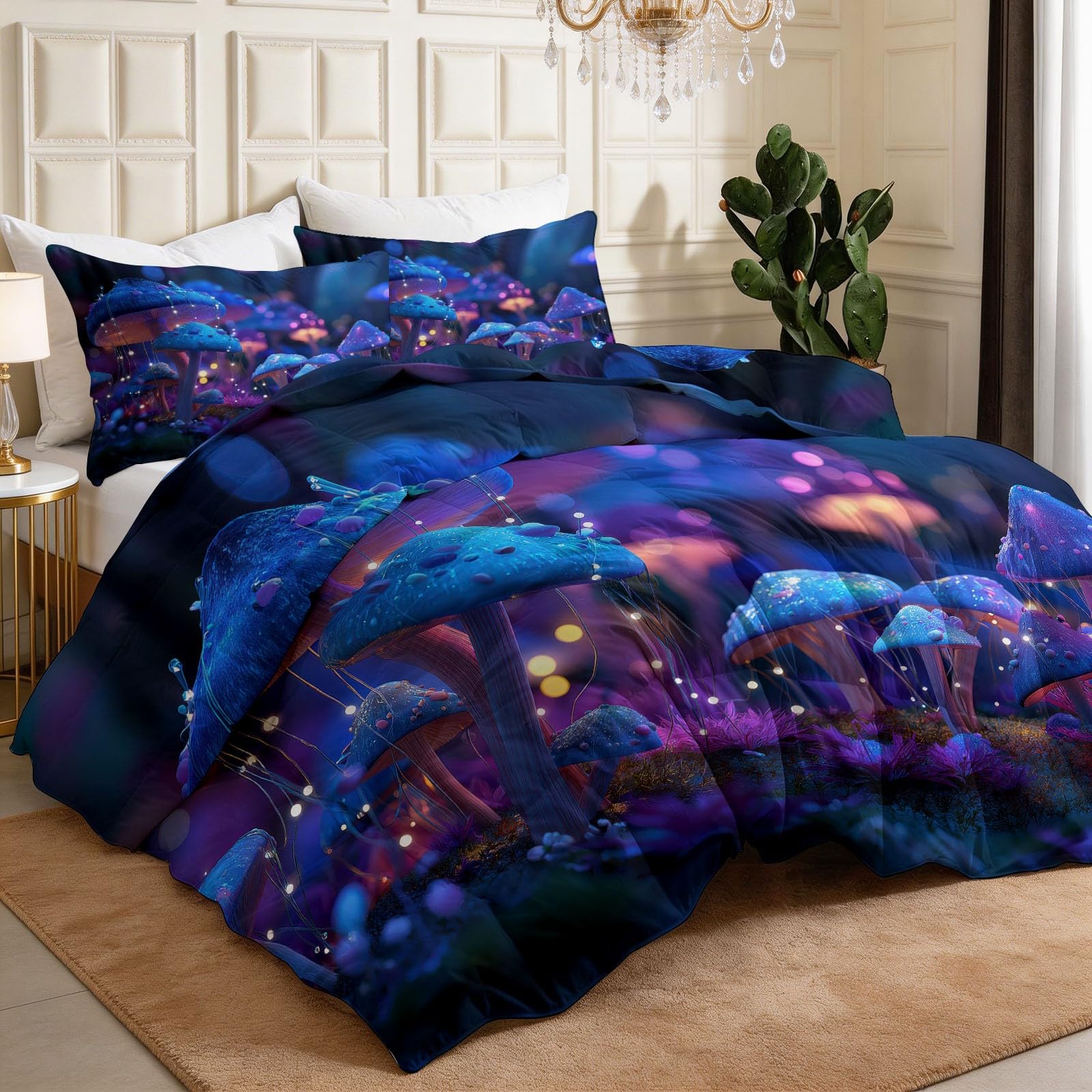 Kołdra 4 pory roku 220 x 240 cm, fantastyczna kołdra leśna na łóżko dla 2 osób, roślina grzybkowa fluorescencyjna niebieska dwustronna kołdra bez rękawów, lekka kołdra z 2 poszewkami na poduszki