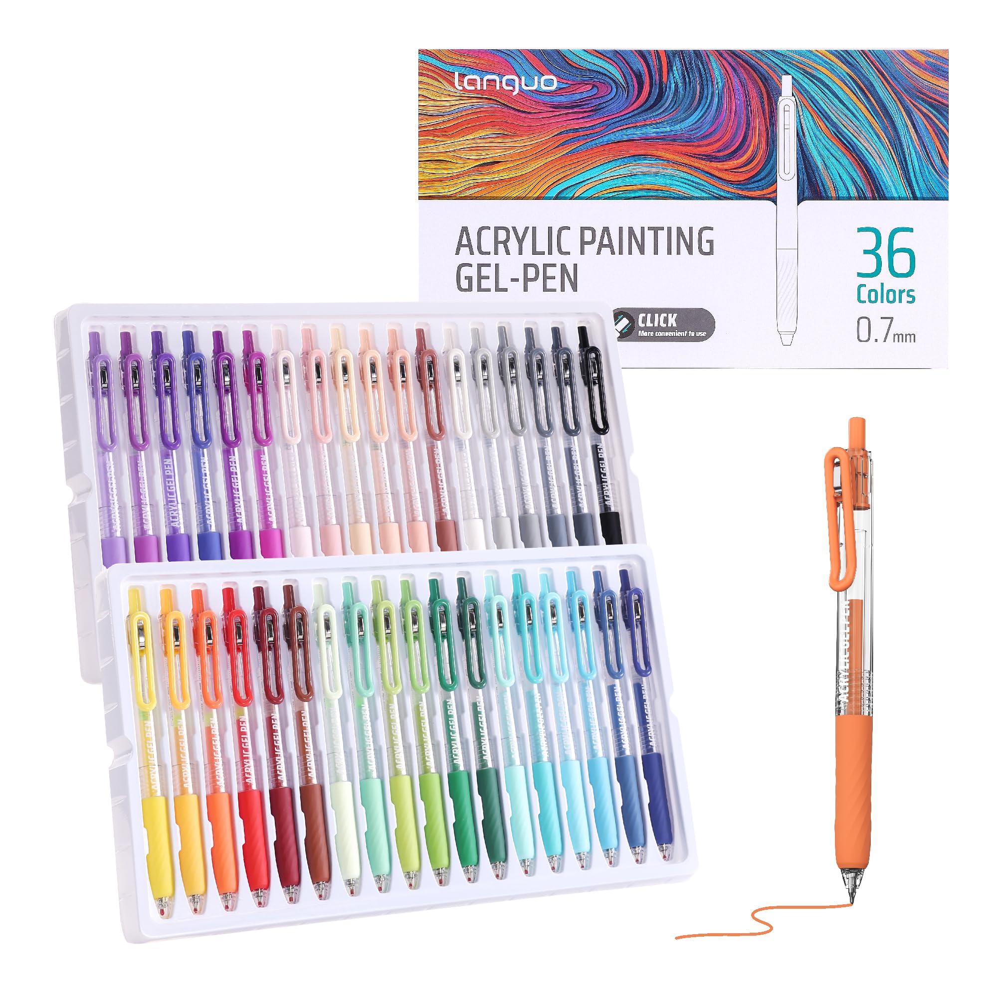 Languo Stylos Gel Acryliques Rétractables pour Coloriage, Ensemble de 36 Stylos de Peinture Acrylique à Cliquer avec Pointe de 0,7 mm, Stylos Gel Colorés pour Papier Noir, Roche, Verre, Tissu