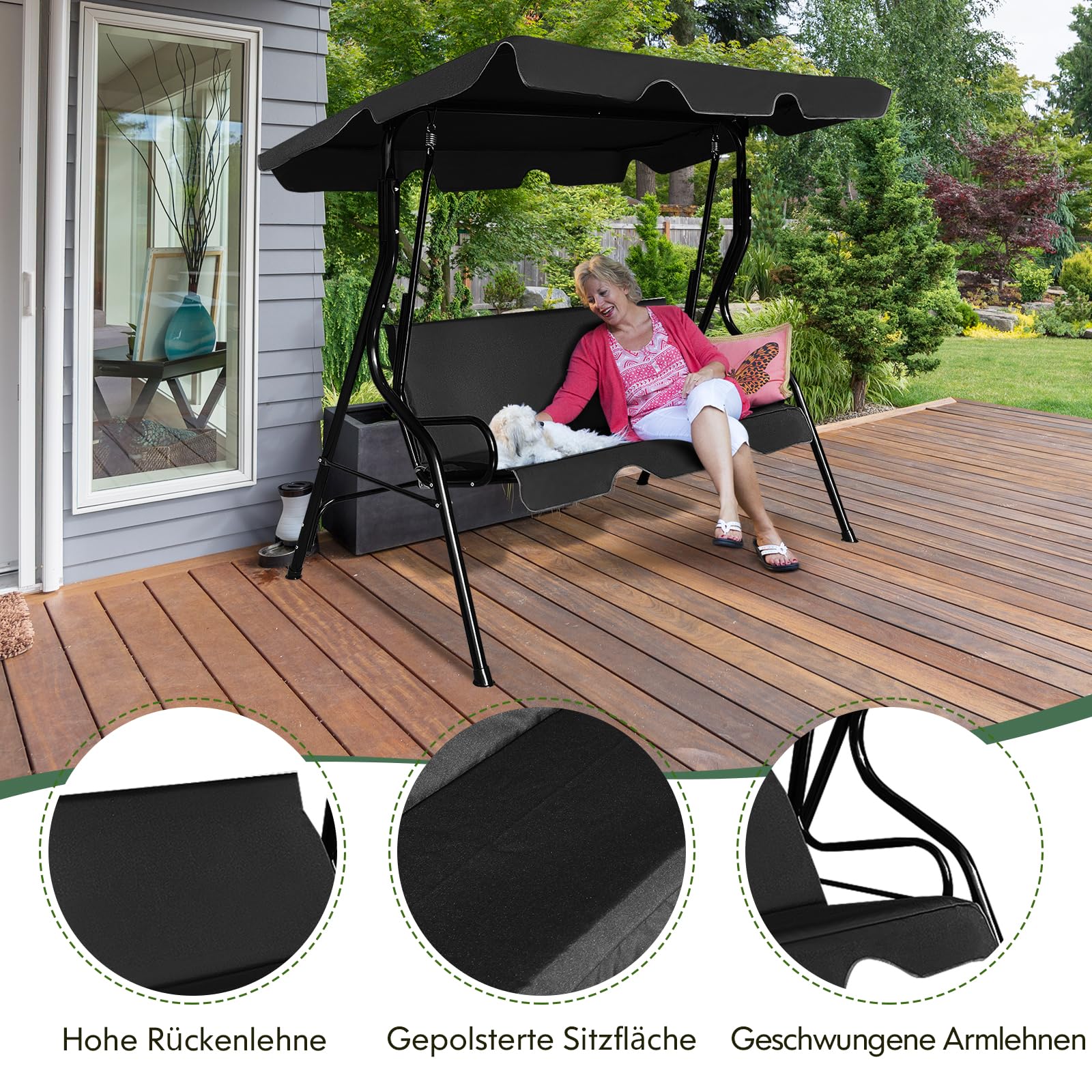 COSTWAY 3-Sitzer Hollywoodschaukel, Gartenschaukel mit verstellbarem Dach, Schaukelbank für Garten, Terrasse & Hinterhof, 172 x 110 x 154 cm (Schwarz)