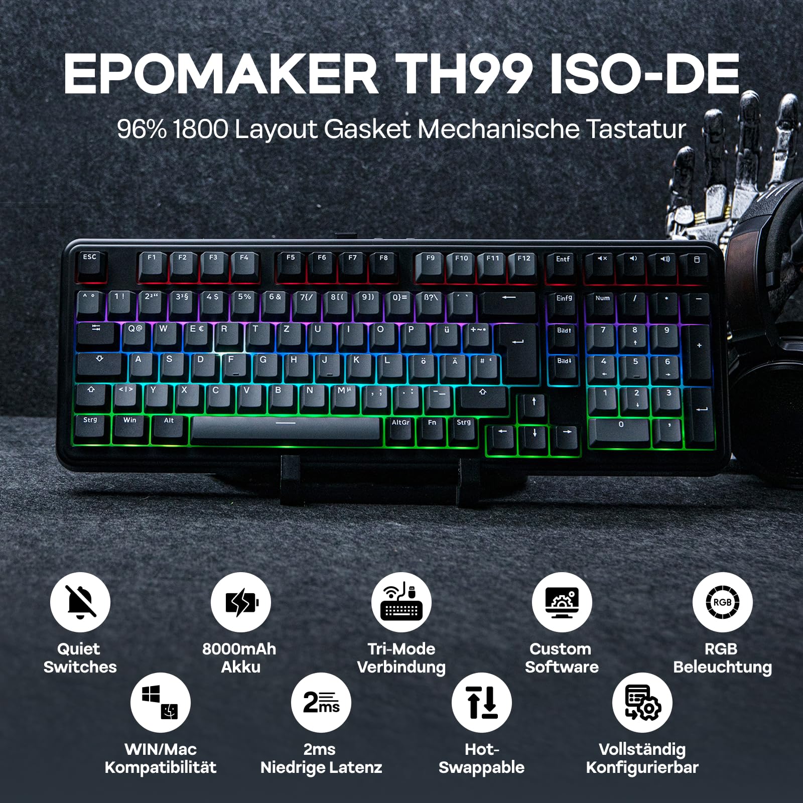 EPOMAKER TH99-ISO-DE German Layout QWERTZ Mechanical Keyboard Wireless, 96% Gaming Keyboard with Numpad, Hot-Swap, RGB, Gasket, BT/2.4G/USB-C, Programming Software (Black, Sea Salt Silent V2)