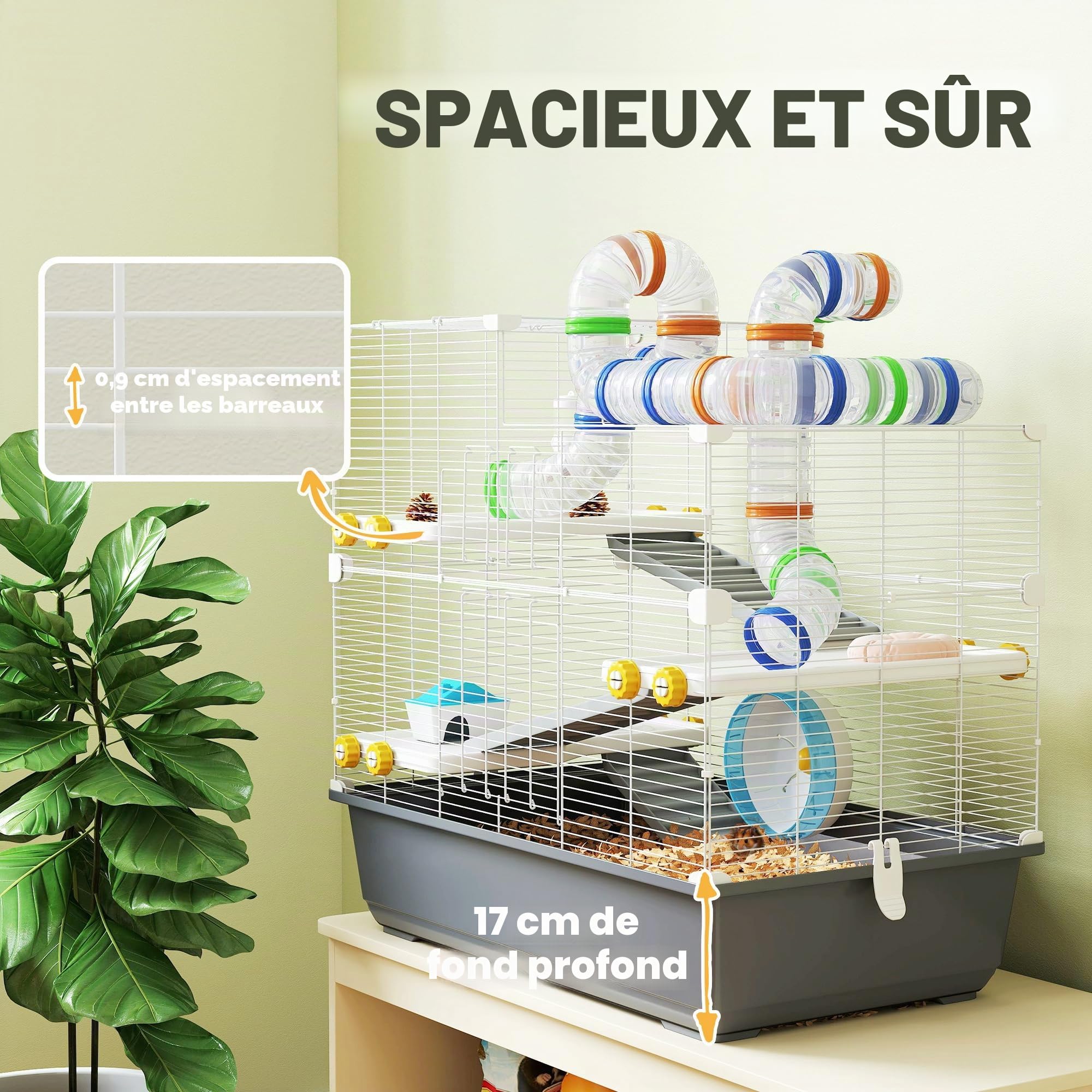 PawHut Cage Hamster 4 Niveaux avec Roue 78x45x73 cm Gris | Cage rongeur, bol nourriture, tunnel, cabane, porte supérieure, pour hamster syrien