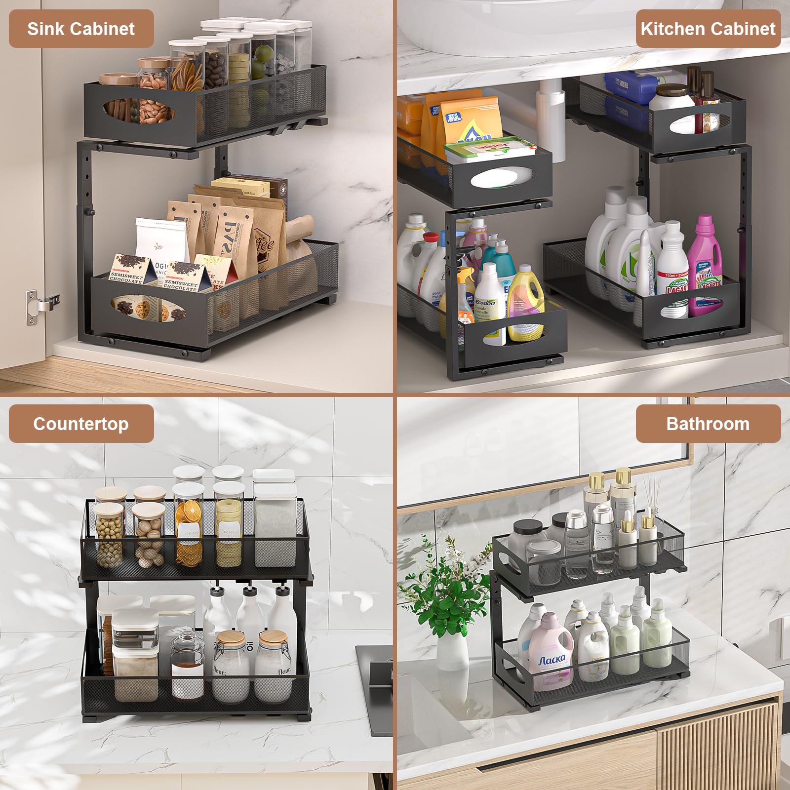 Rangement sous Évier,2 Niveaux Organisateur sous Evier Cuisine,Hauteur Réglable Rangement Souss Eviers Cuisine,Tiroir Coulissant,pour Cuisines,Placard,Salle de Bain,Noir,1 Pièce