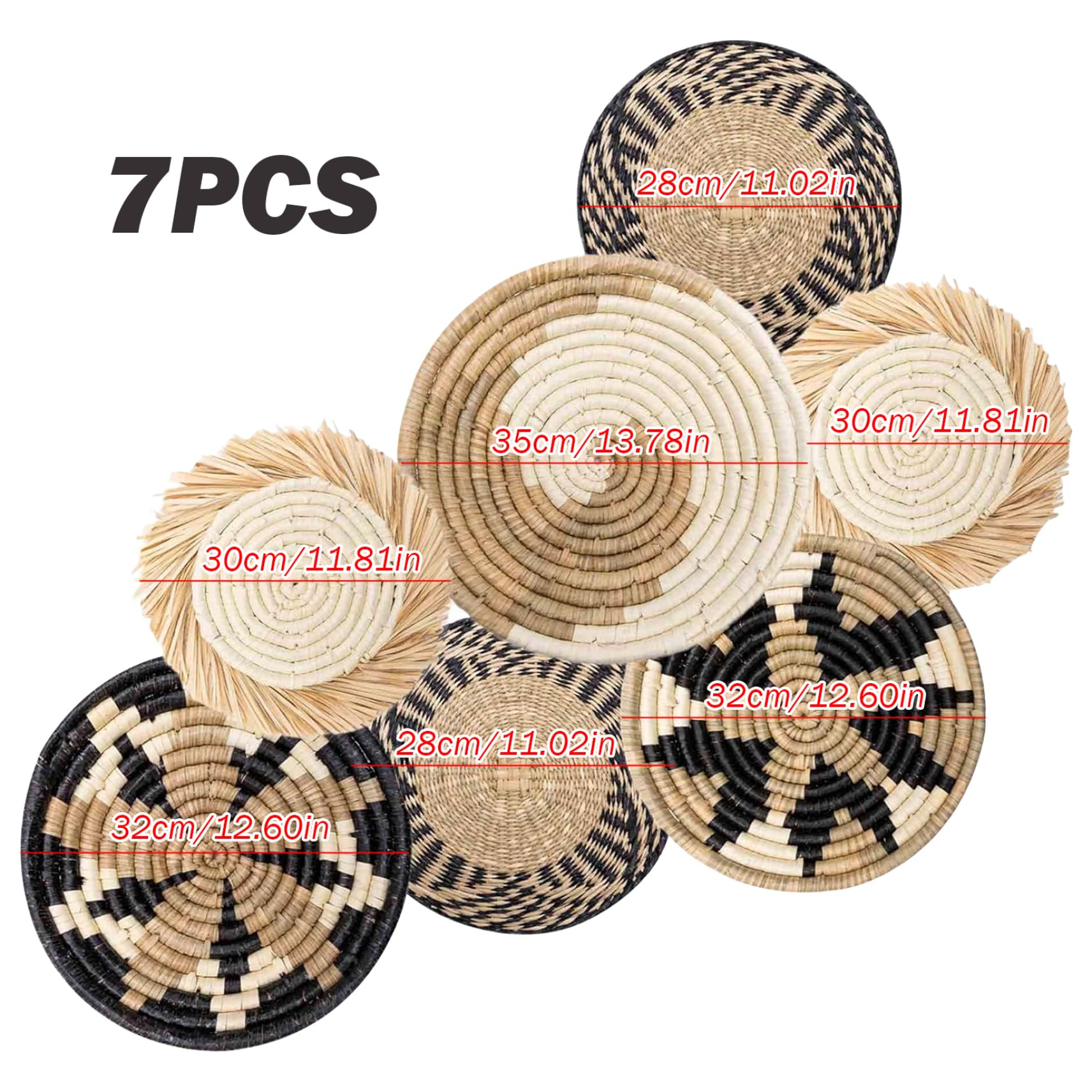 Decoración de Pared, decoración de Cesta de Pared, 7 Piezas de Mimbre Tejido Colgante, Granja rústica de 4 tamaños, Dormitorio para Comedor, Sala de Estar, Cesta