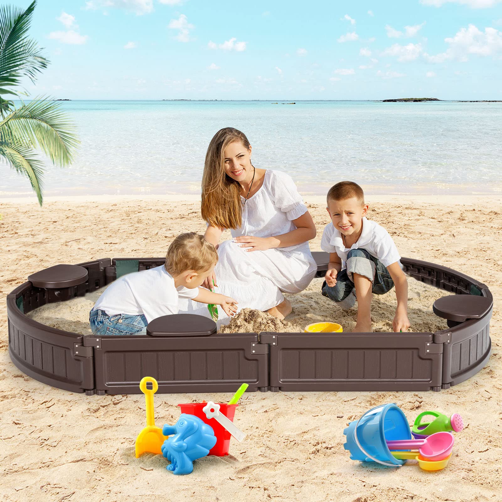 COSTWAY Sandbox Sandkasten mit wasserdichter Abdeckung und Bodenauskleidung, Outdoor Sandkiste Platz für 4 Kinder 183x105x21cm