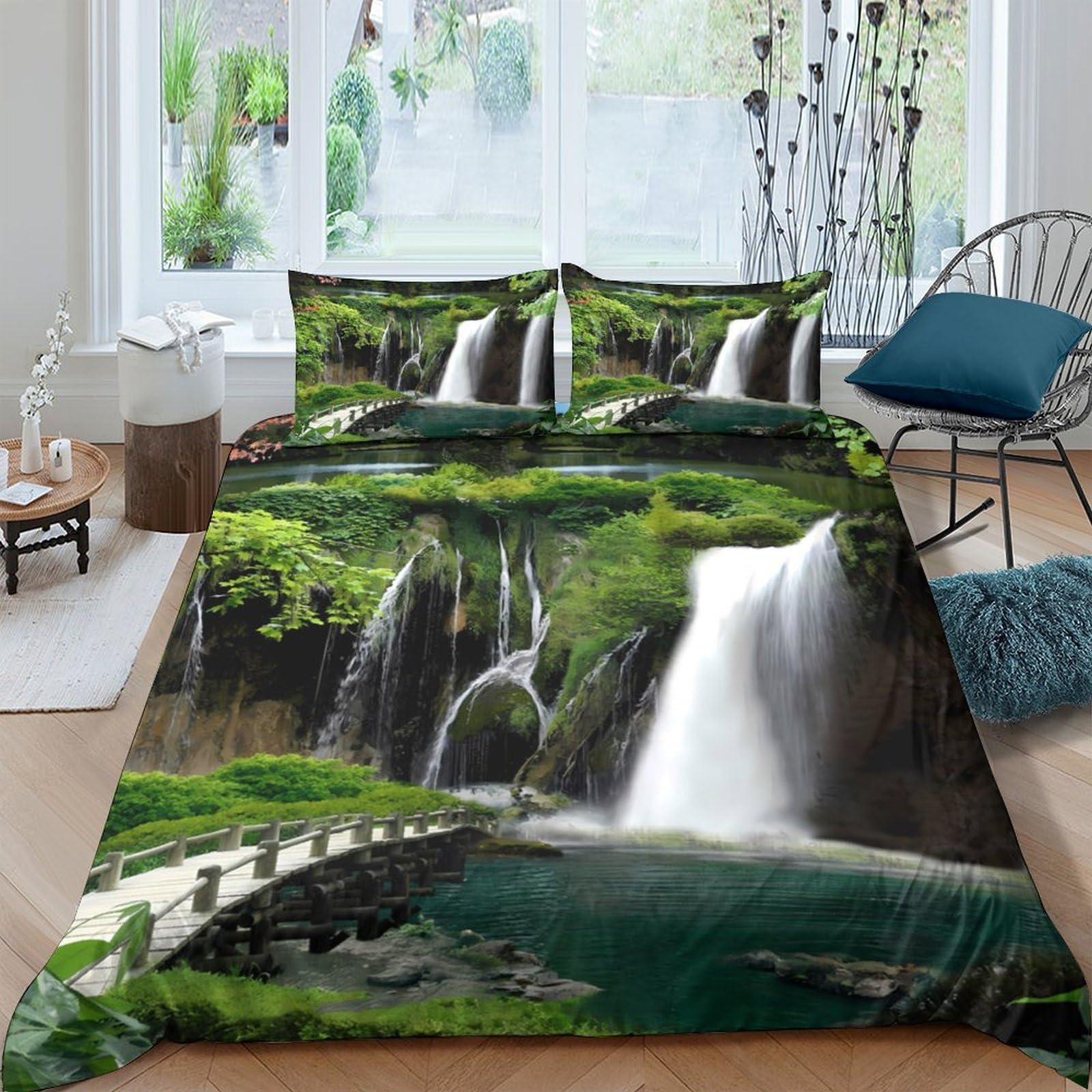 Ctjqhvkz Style-5 3D Printed Waterfall Forest Fitted Sheet Microfiber Soft Green Landscape Bed Cover For Bedroom Guest Room Decor Single（135X200cm）