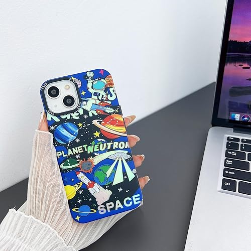 Miniatura 2 de Funda bonita para iPhone 14 Plus, diseño de astronauta espacial planeta y cohete con purpurina láser, elegante parachoques a prueba de golpes