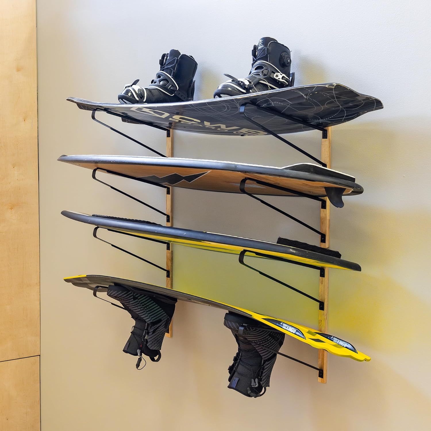 StoreYourBoard Avon Wakeboard Storage Rack, 4 Level Wall Mount Water Ski and Wake Surf Board Organizer, Natural Wood and Solid Steel Holds 200 lbs