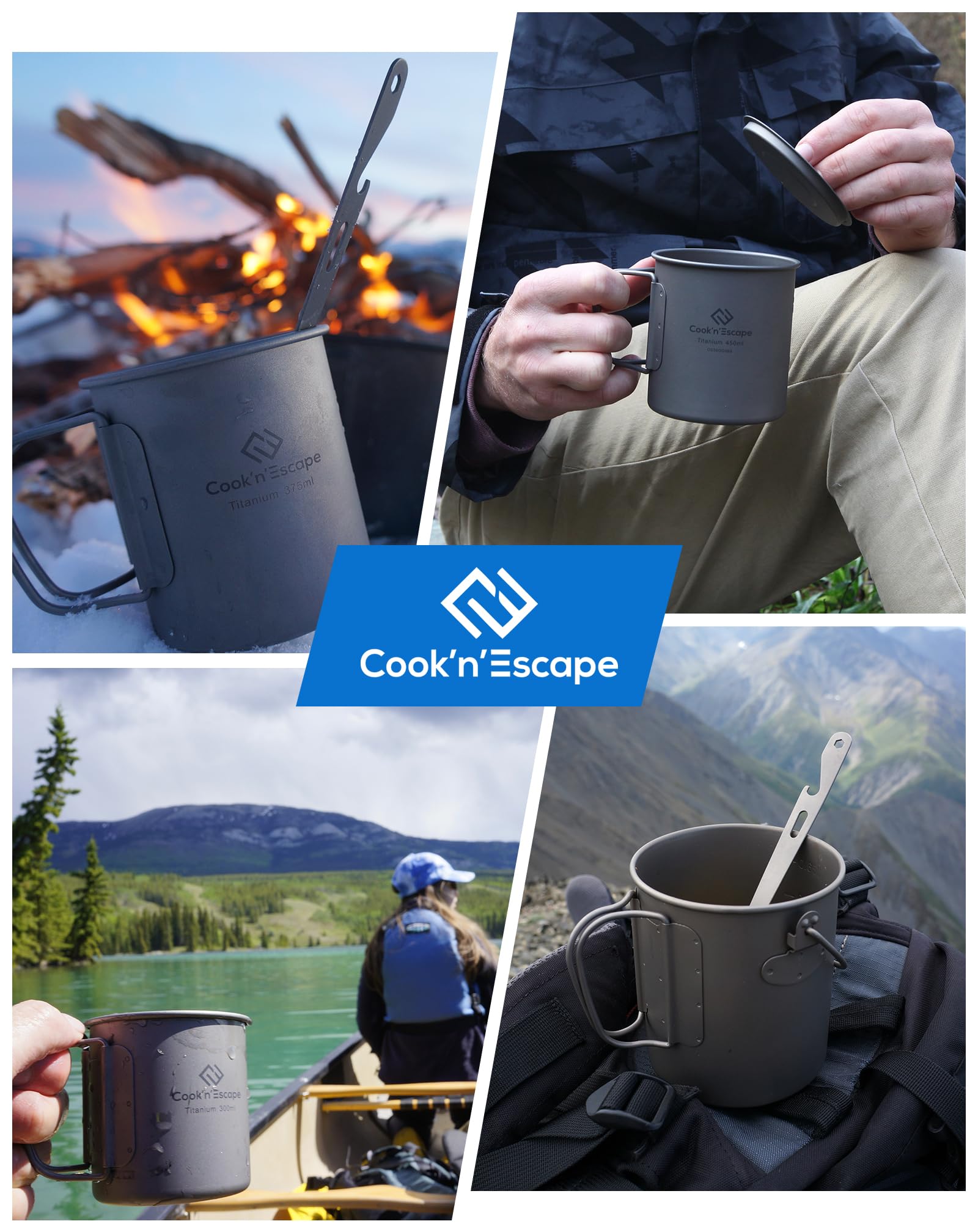 COOK'N'ESCAPE Titan Becher Camping – Ultraleichte Camping Tasse aus Titanium mit Deckel und klappbarem Griff, Aufhängbar, Robust & Hitzebeständig, ideal für Camping, Wandern und Outdoor-Picknick