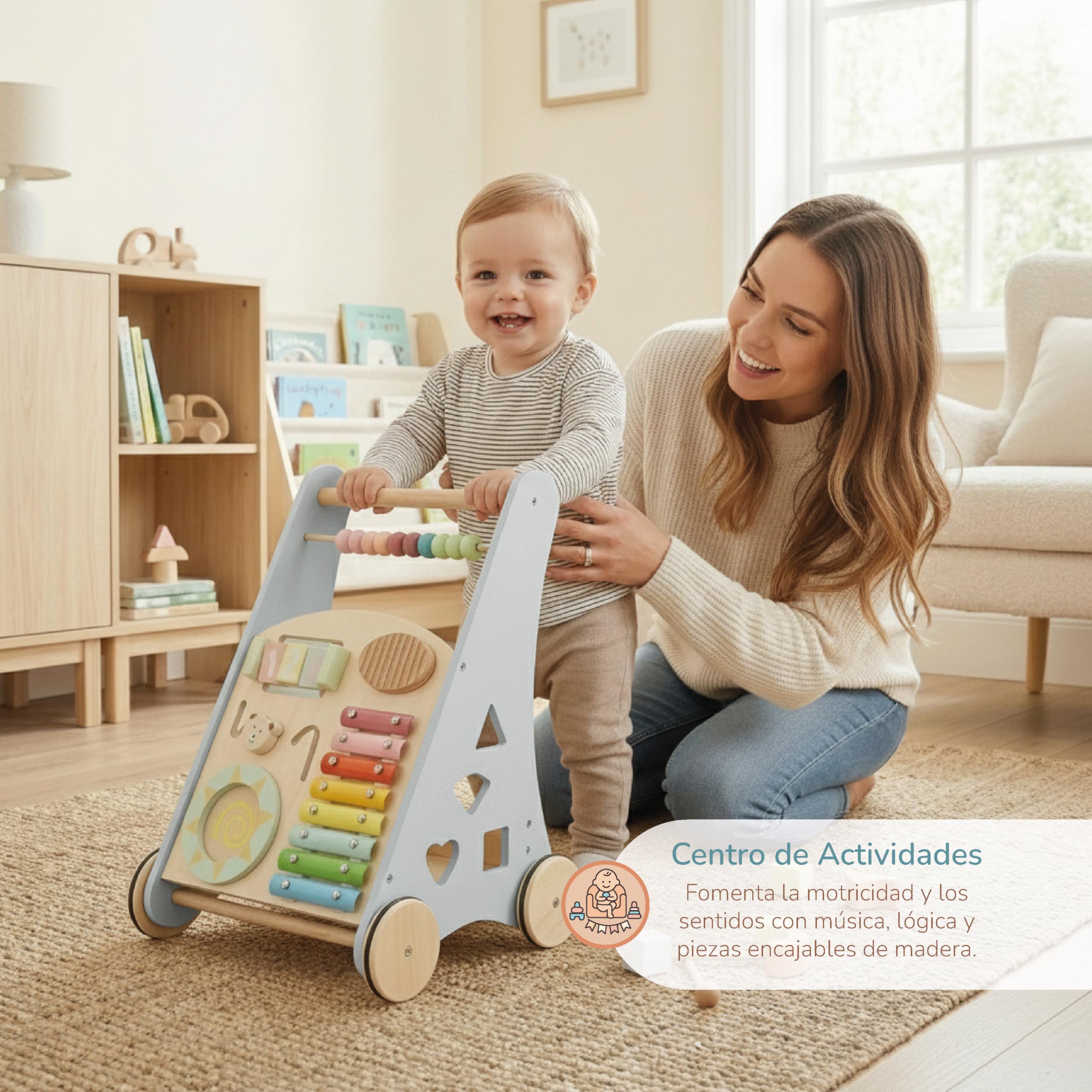 Buddy Baby - Andador de Madera Montessori - Desde 12 meses - Panel interactivo (xilófono, puzzle, espejo, engranajes) - Cajón trasero - Ruedas goma antideslizantes - No daña el suelo