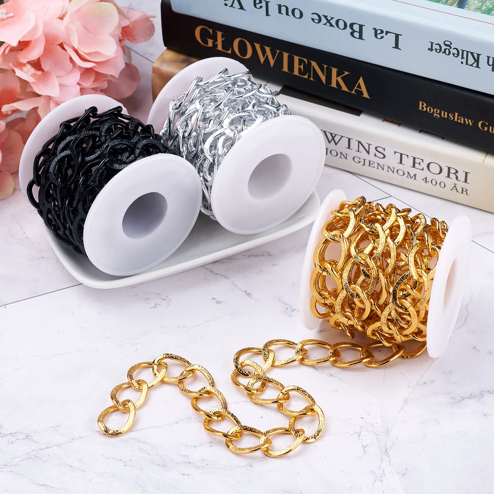 PandaHall 19,6 Voet Aluminium Curb Chain Links 20 x 15 x 1,8 mm Zilver Goud Zwart Ongelaste Metalen Kabel Kettingen met Spoel voor DIY Ketting Sieraden Maken