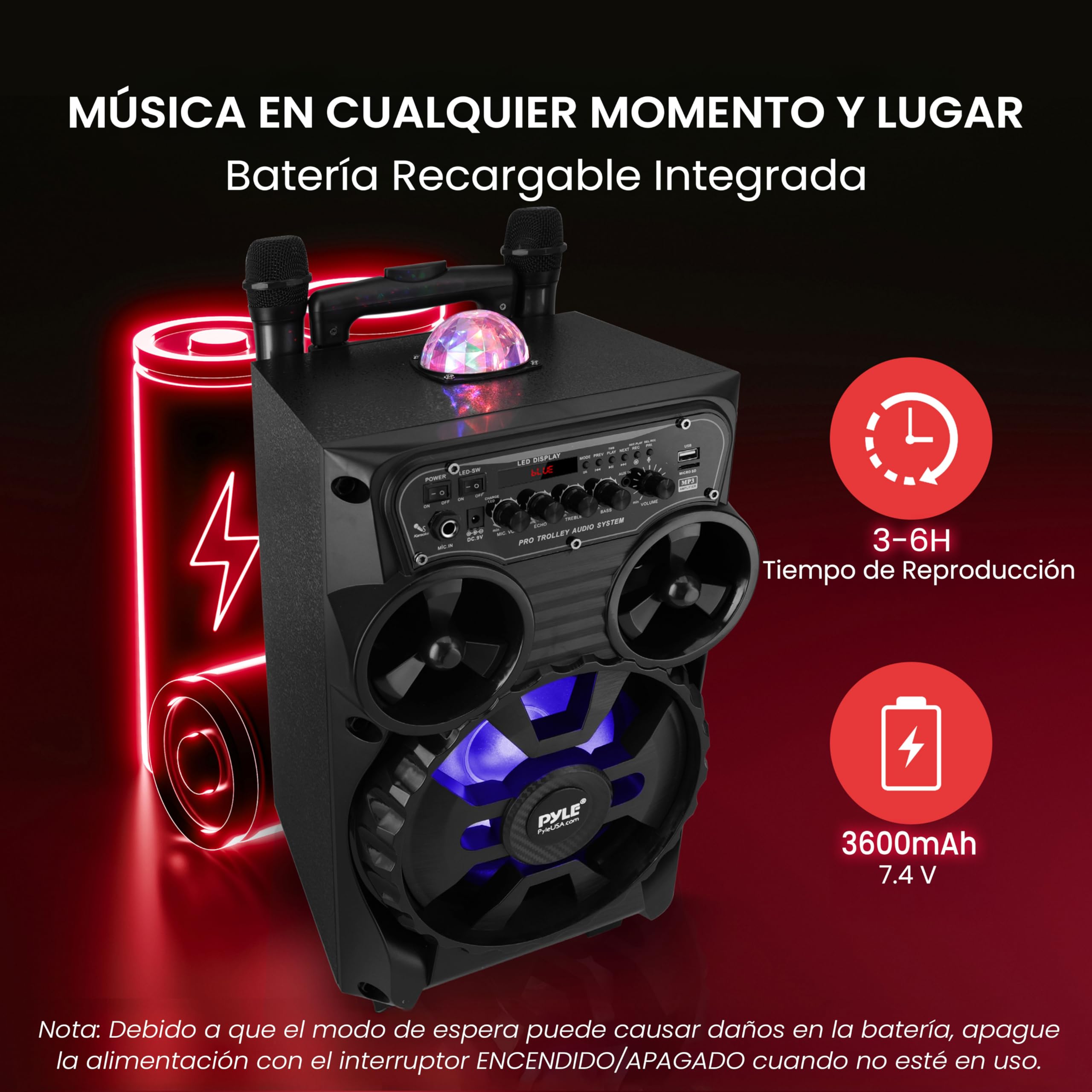 Pyle Altavoz Bluetooth Portátil, 580W, Karaoke con 2 Micrófonos Inalámbricos, Sistema PA Recargable, Luces LED, Trolley con Ruedas, USB SD FM AUX, 20 cm