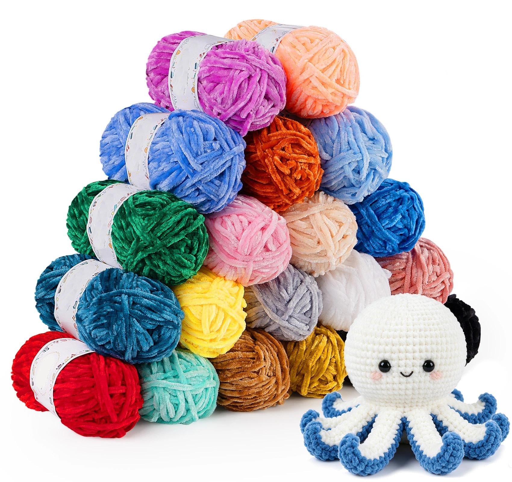Chenille Yarn 600g(20x30g), Velvet Yarn for Crochet, Chenille Chunky for Knitting and Crocheting& Needles Crochet Accessories, Plush Wool for Clothes, Blankets, Bags, DIY Crafts Amigurumi