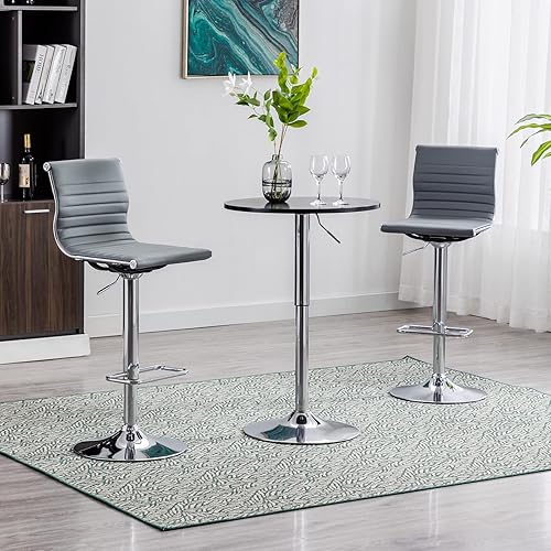 Miniatura 4 de Juego de 3 taburetes de bar de metal ajustables en altura, taburete moderno de piel sintética gris con base cromada para isla de cocina, bar,