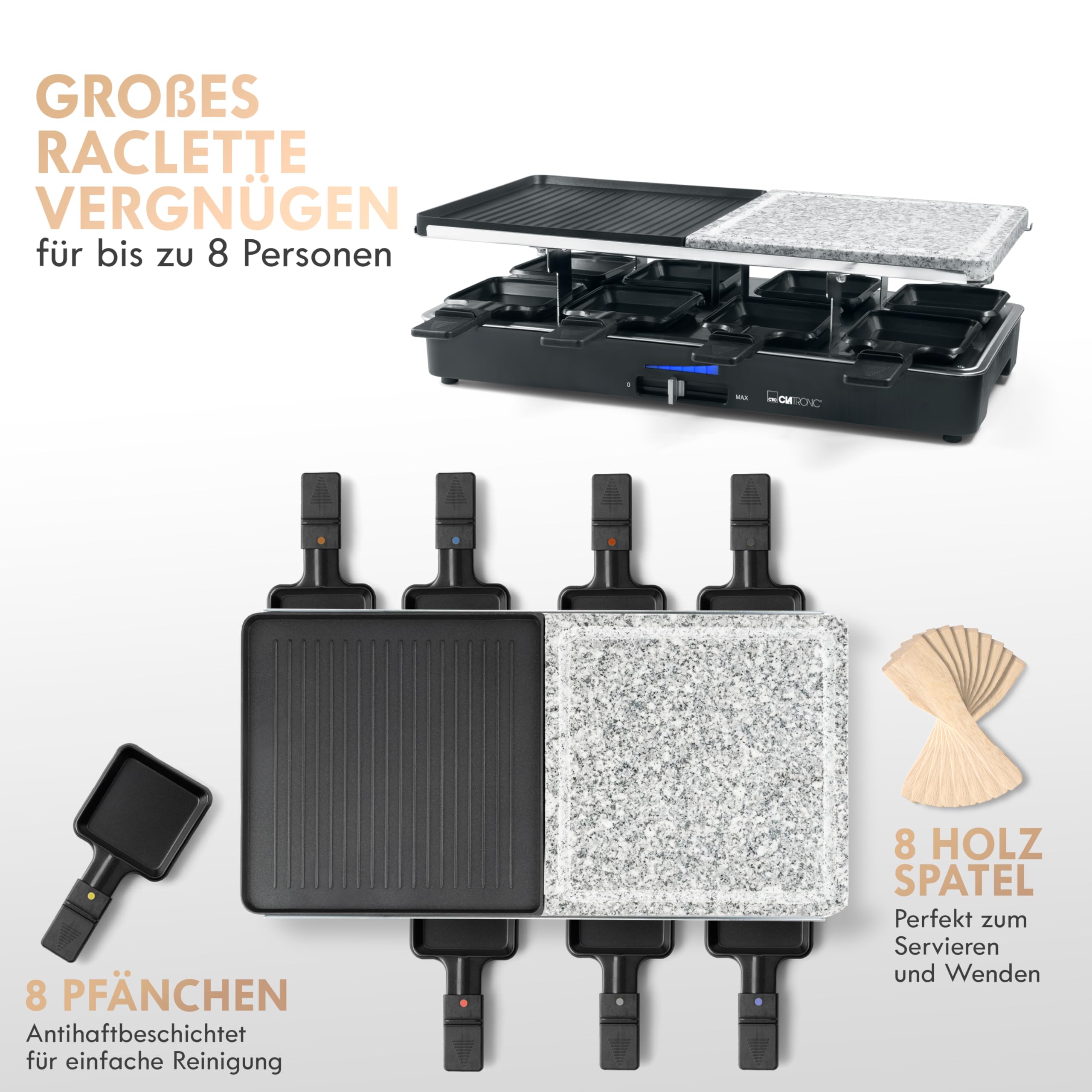 Clatronic RG 3518 - Raclette grill con piedra natural y placa reversible, 8 personas, 1400 W, color negro