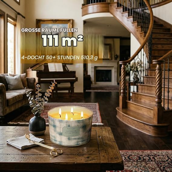 Home Lights Scented Candles in Glass 510 g Soy Candles 4-Wick Candle Jars Aromatherapy Smokeless 50 Hours Fully Burned Scented Candle Lavender Eucalyptus