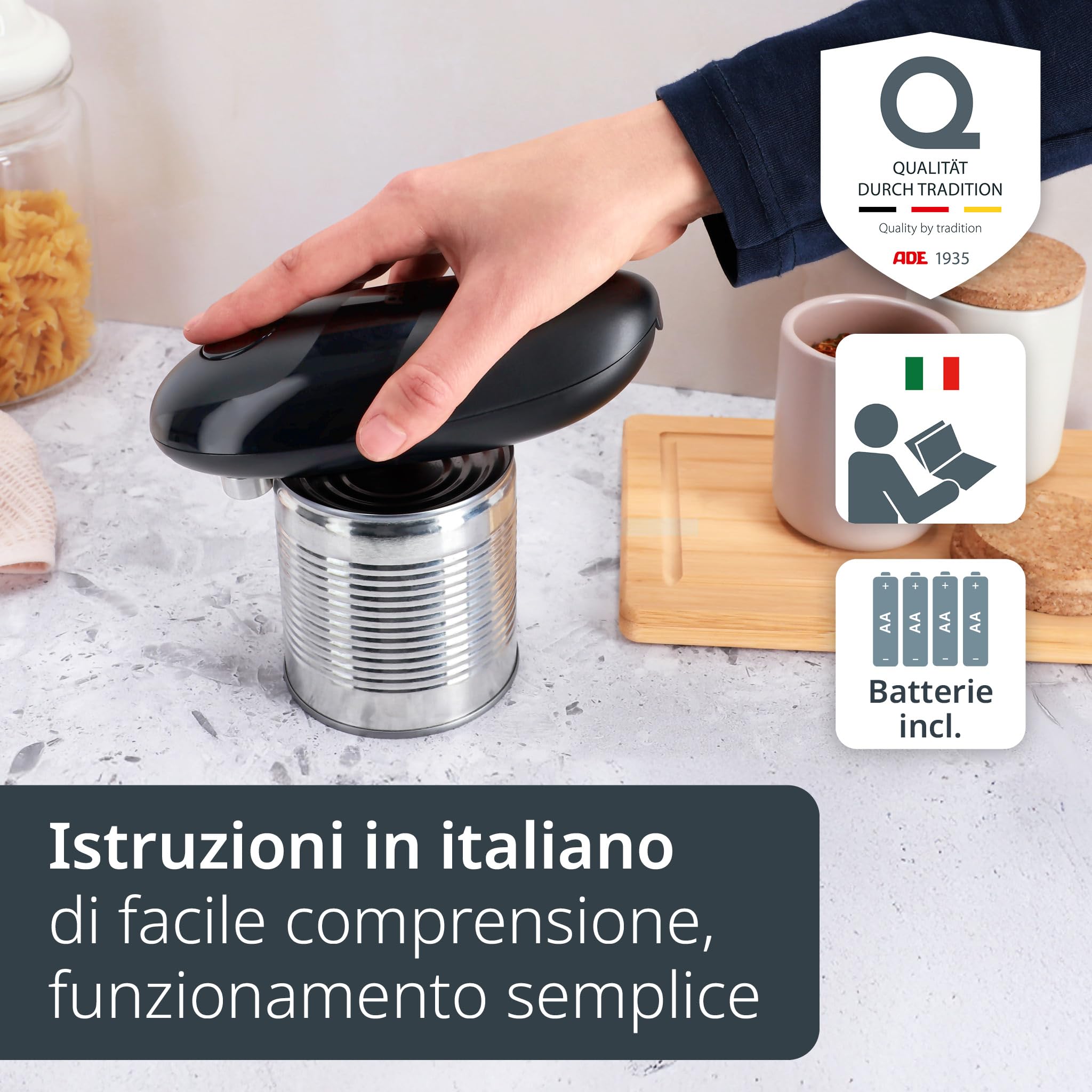 ADE Apriscatole elettrico professionale con magnete e gancio, per anziani, batterie incluse