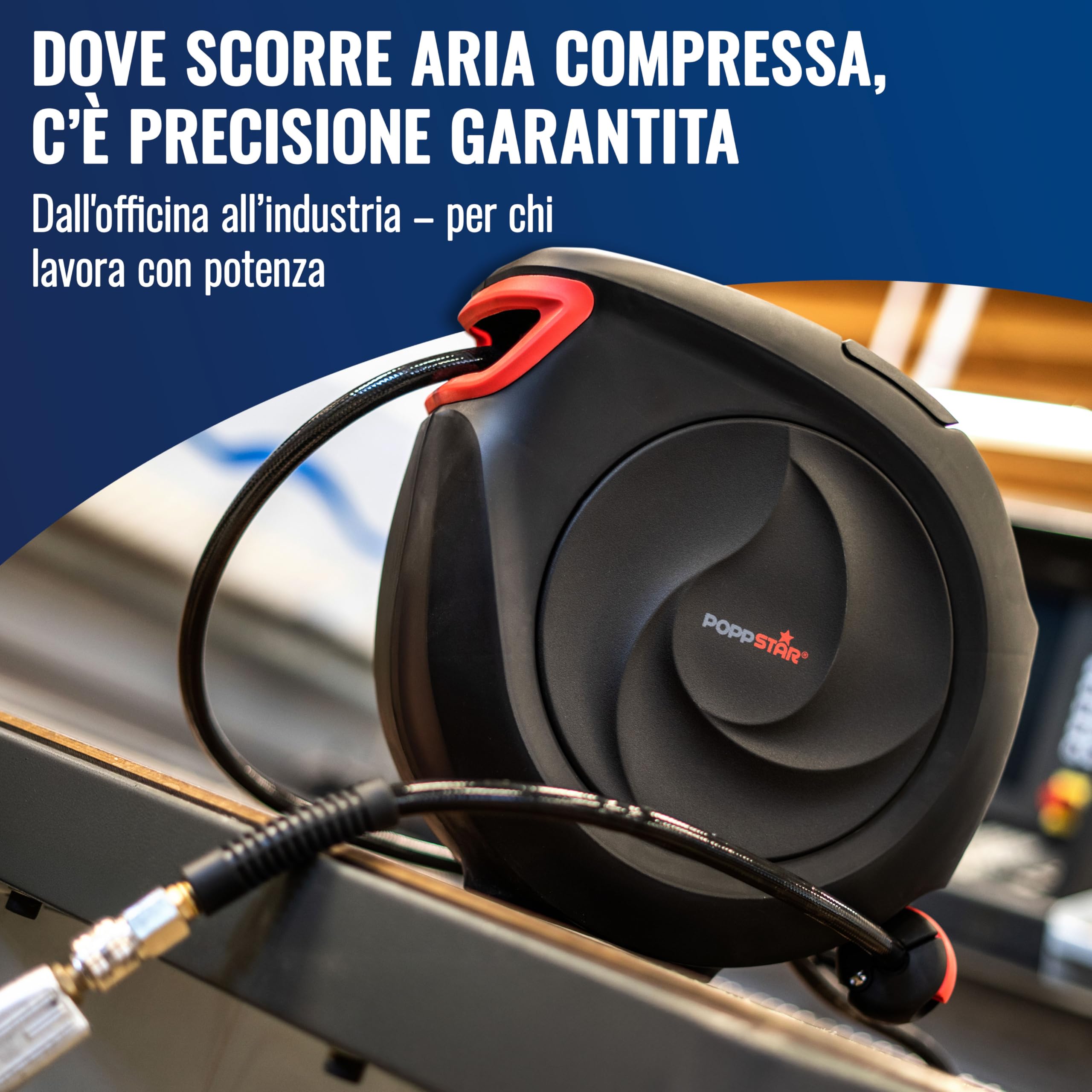 Poppstar Avvolgitubo per tubi ad aria compressa professionale (15m + 1m, diametro del tubo 3/8" (9,5 x 15 mm)), connessione 1/4" BSPT giunto rapido, con riavvolgitore automatico e auto-stop