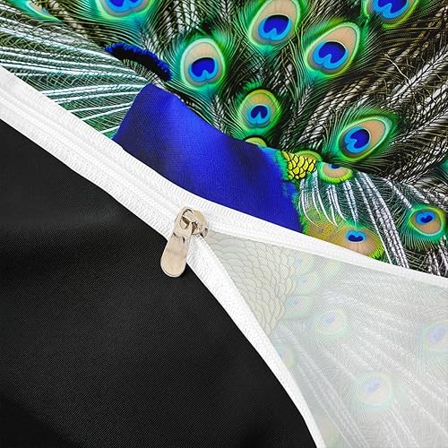 Miniatura 6 de Juego de funda de edredón de pavo real, tamaño Queen, color verde, lindo diseño de animales, estampado de plumas de pavo real, juego de funda de