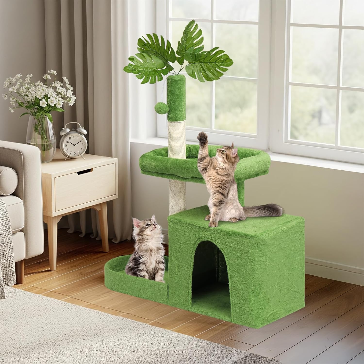 VINGLI Cat Tree, Cat Tower with Leaves, Cat Condo for Indoor Kittens, Cats Activity Center with Cozy Hammock, Sisal Scratching Posts, Green (40 inch)