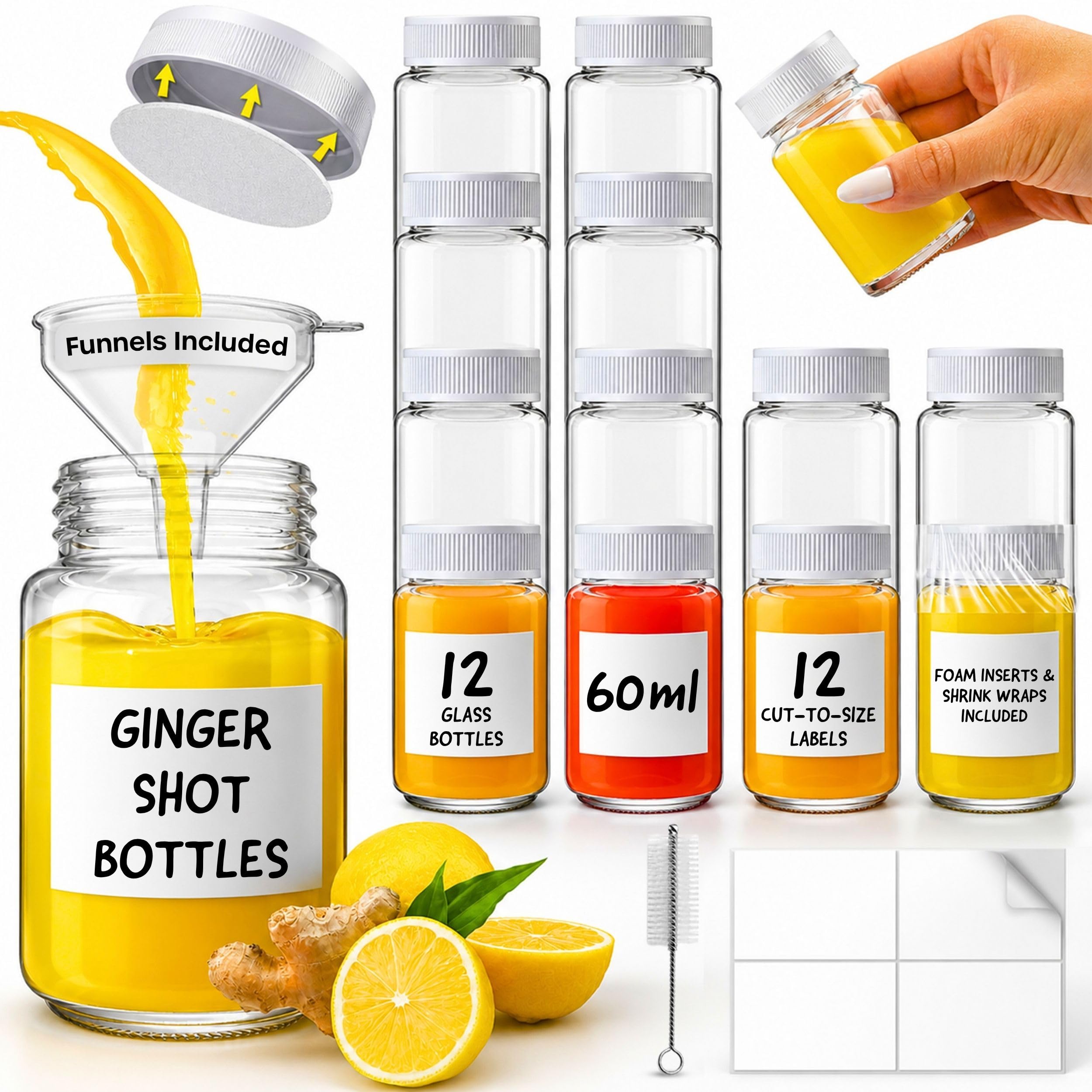 Volila Transparent/Green Shot Bottles With Lids - 12 Pack 2Oz/60Ml Reusable Glass Shot Bottles With Lids, Funnel, Labels, Shrink Wrap, Cleaning Brush And Extra Foam Insert - Portable And Leakproof