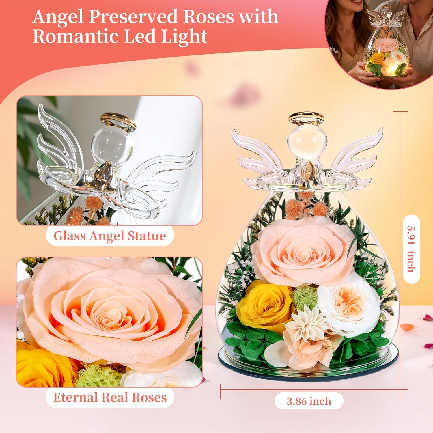 Gifts for Women Preserved Rose Forever Flower Eternal Roses in Glass Angel Figurines Fresh Flowers for Delivery Christmas Birthday Gift for Mom Her Wife Grandma on Valentines Day Anniversary - Image 2