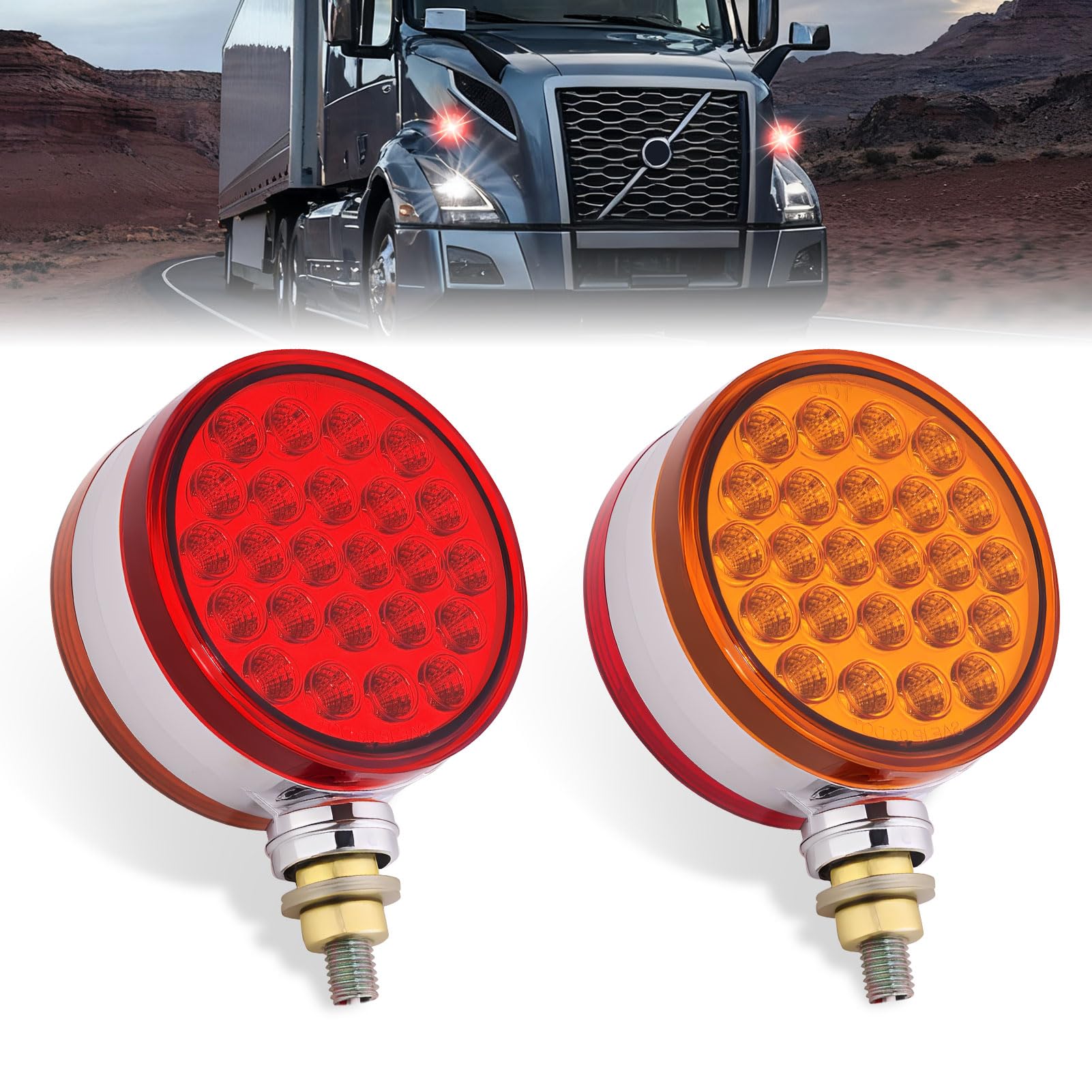 2PCS 48 LEDs Round Double Face Fender Turn Signal Lights (Red+Amber（Red+Amber Lens）)