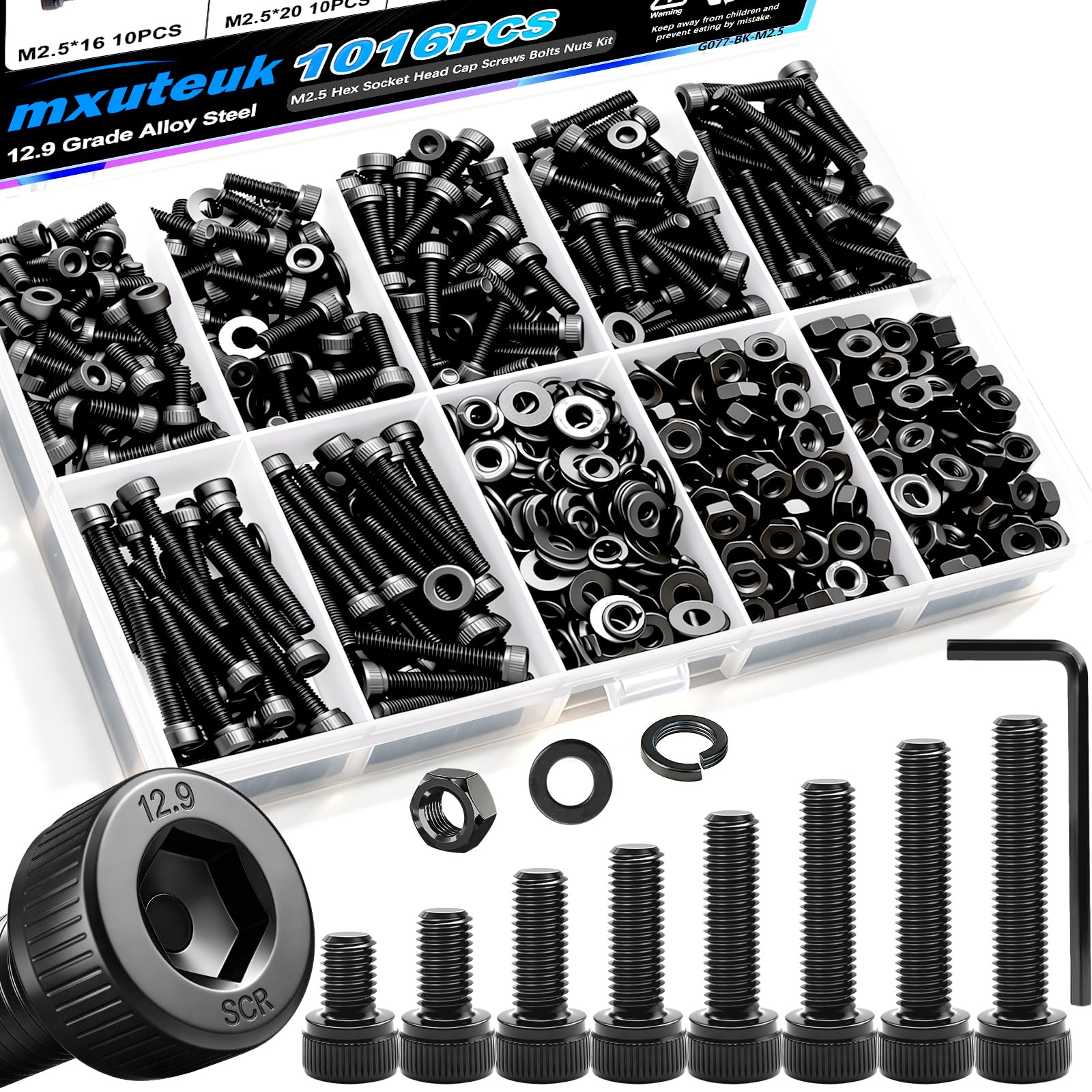 mxuteuk 720PCS M3 Screws Kit,M3×6/8/10/12/16/20mm M3 Screws Assortment Kits,12.9 Alloy Steel M3 Hex Socket Head Bolts Nuts Washers Set Suitable for 3D Printer,DIY — Amazon image 15