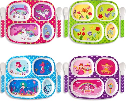 Hoolerry Juego de 4 platos llanos de melamina para niños y niñas, platos divididos con tenedor y cuchara, vehículo de dinosaurio, tiburón,