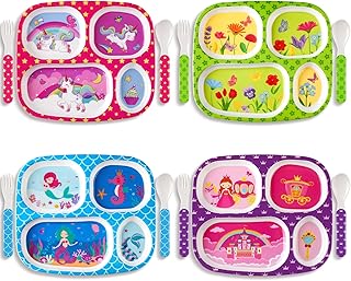 Hoolerry 4 Set Dinner Plate for Kids Boys Girls Dinnerware Divided Plates with Fork and Spoon Elk Shark Dinosaur Vehicle Excavator Unicorn Kids Dishes for Top Rack Dishwasher Safe(Mermaid)